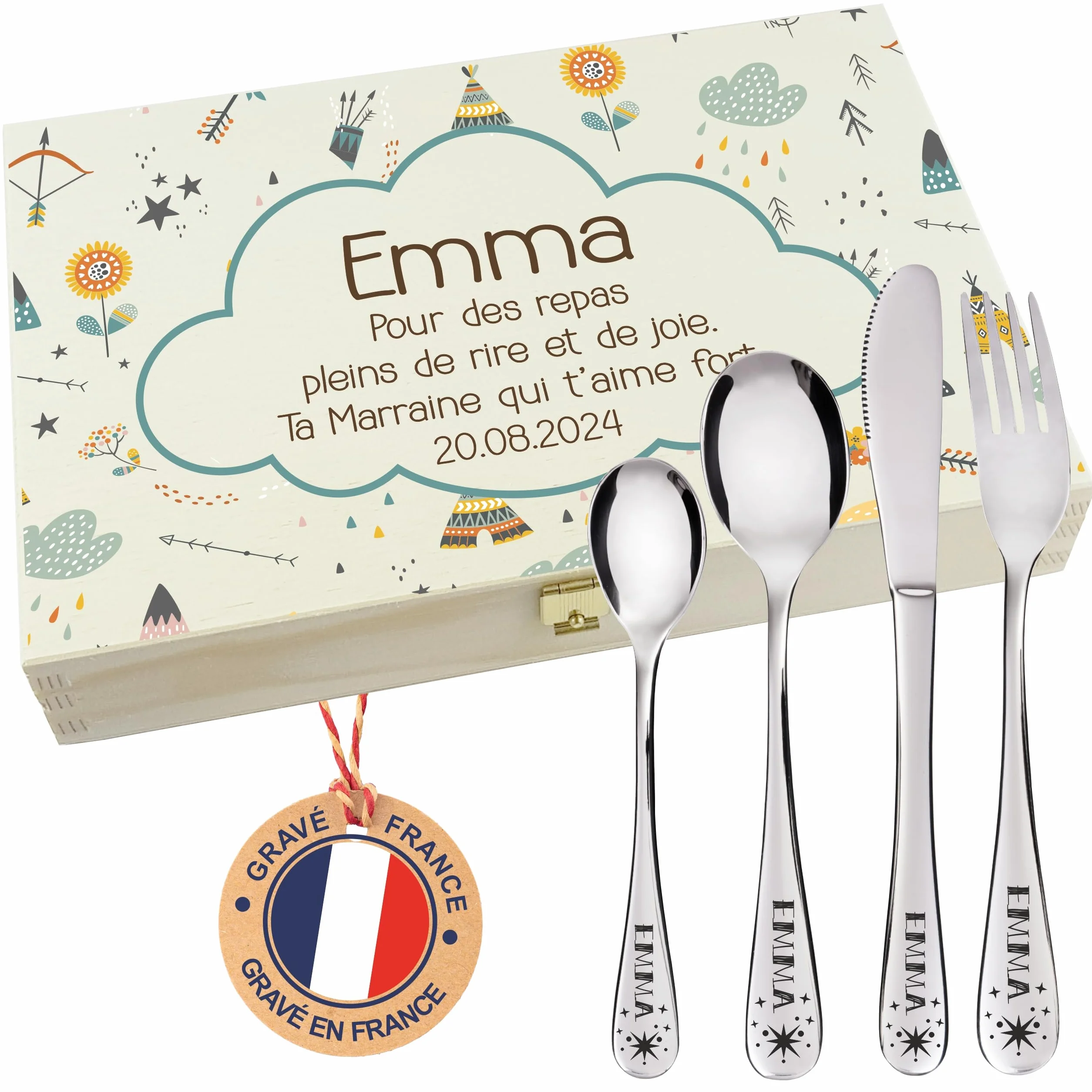 Coffret en Bois avec 4 Couverts personnalisés pour Enfant - Acier Inoxydable - Cadeau Noël bébé, Baptême, Naissance