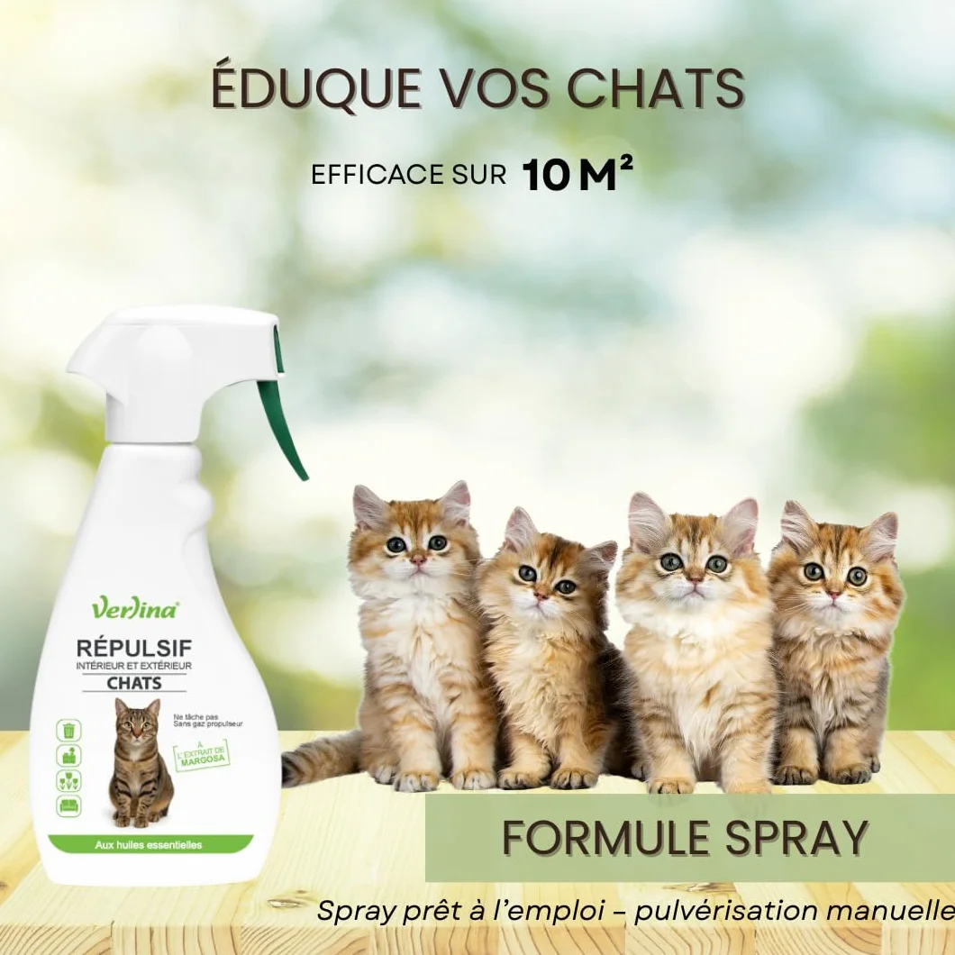 Répulsif Chats Intérieur Extérieur 500 ML Spray Naturel Huiles Essentielles Margosa Géraniol Protection 10 m²