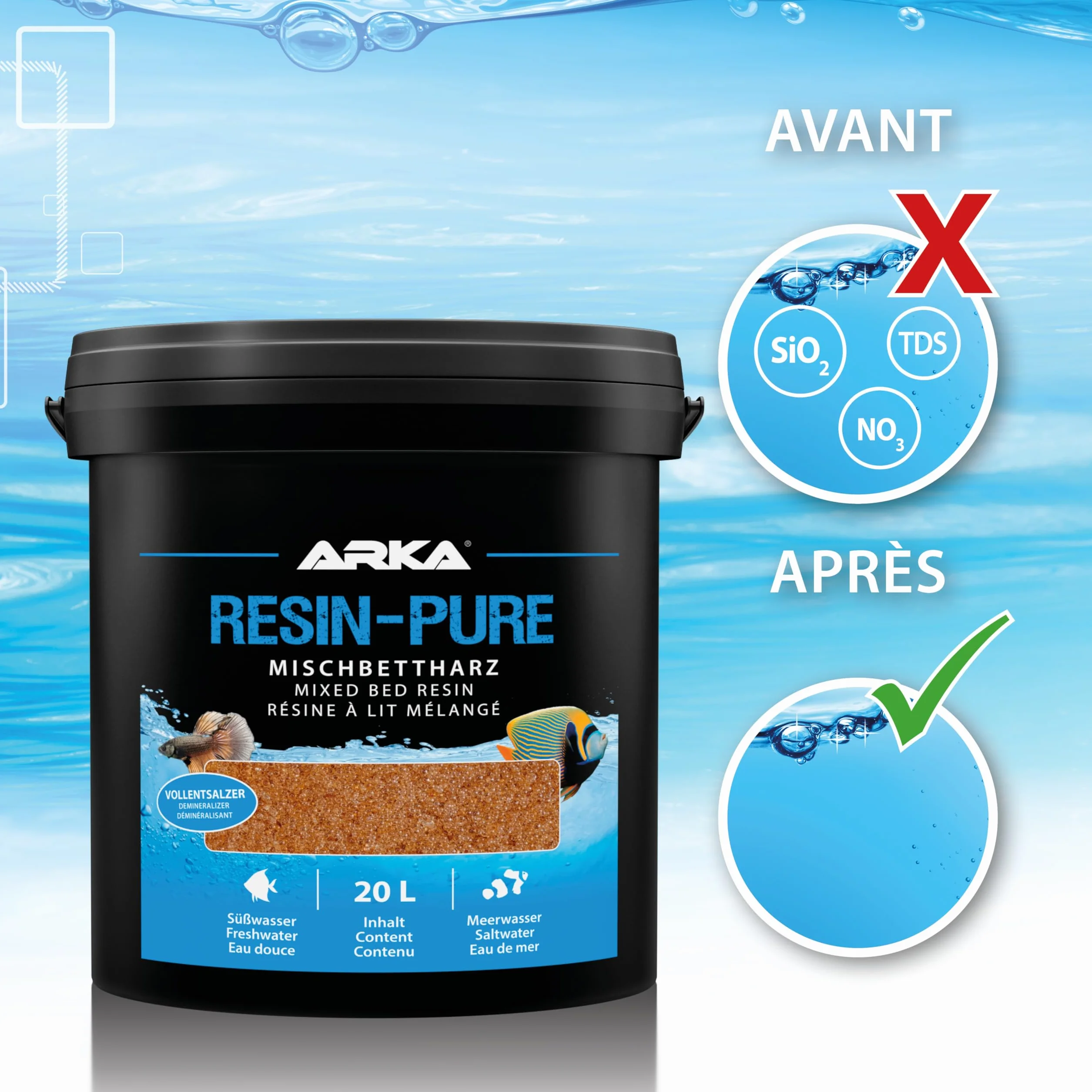 Résine échangeuse Aquarium – ARKA Resin-Pure 5 l – déioniseur pour Osmose Inverse – supprime 100 % TDS, silicates & nitrates – Eau Ultra Pure ~0,1 μS/cm – Filtre Recharge ionique
