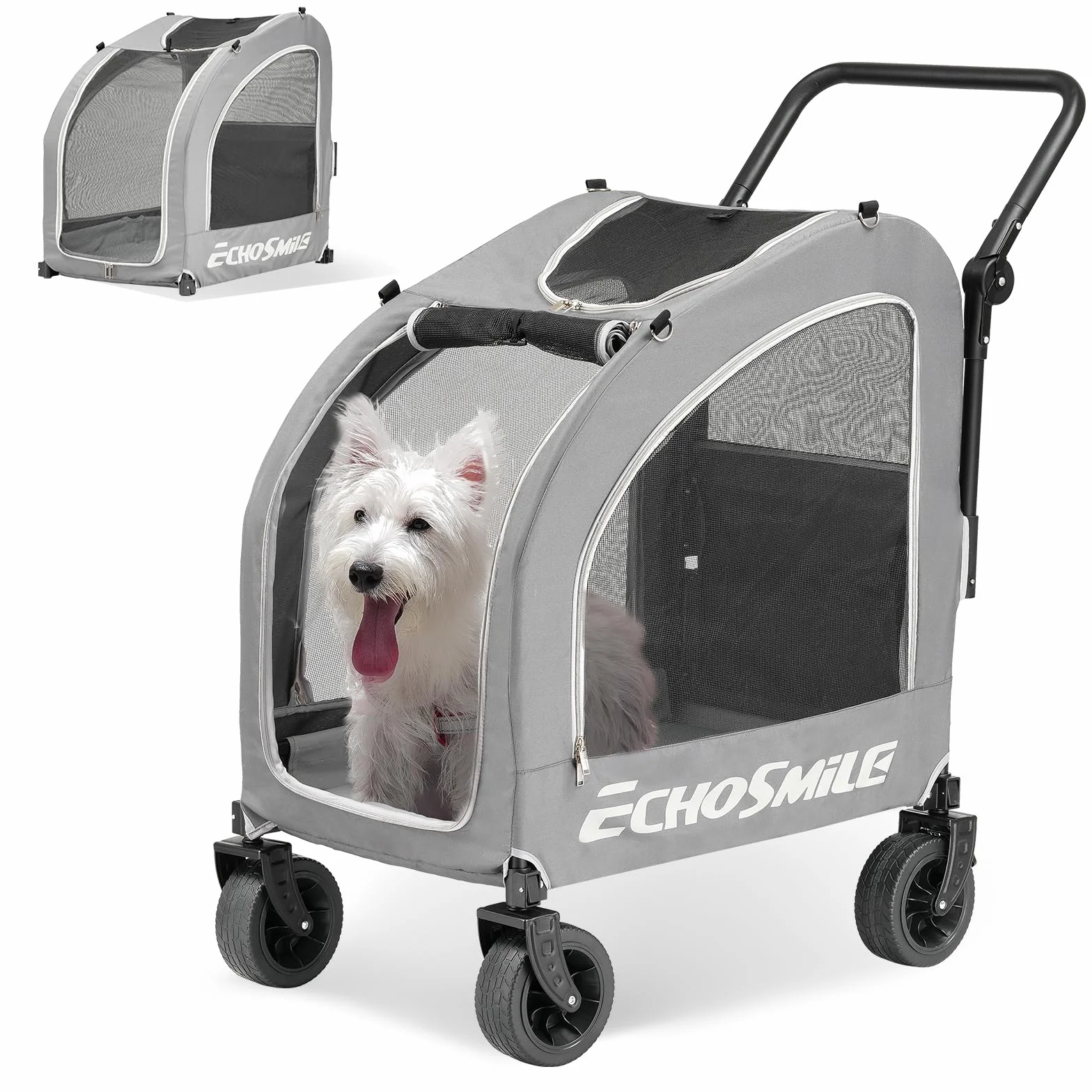 EchoSmile Poussette pour Chien de Petite et Moyenne 20 kg, Chariot pour Chien Pliable Tout Terrain avec Double Freinage, Ceintures de Sécurité et Fenêtres Grillagées, Gris