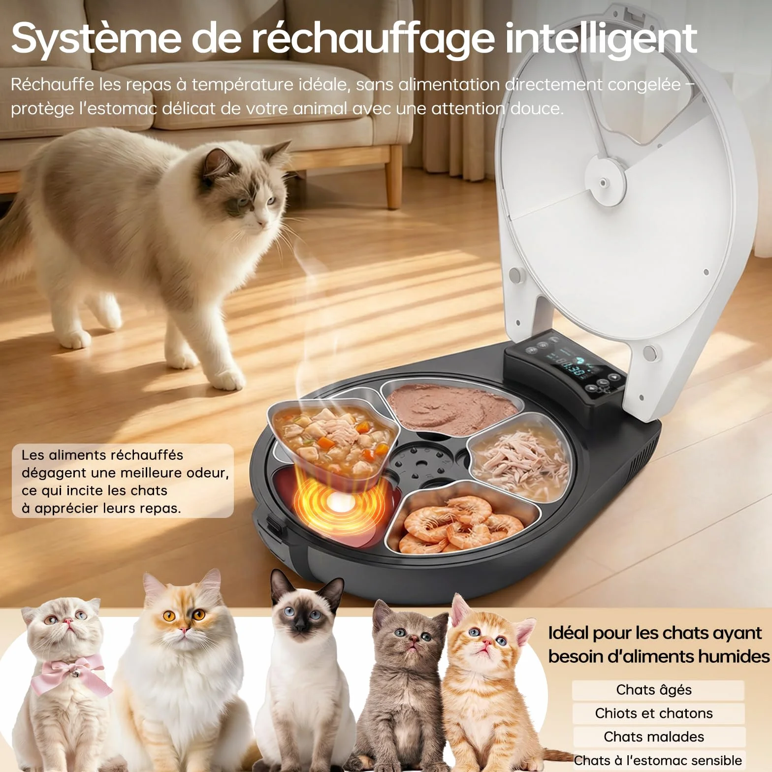 Distributeur Nourriture Humide Chat, 5 Repas Frais, Refroid & Chauff, Bol INOX 304, Automate Programmable