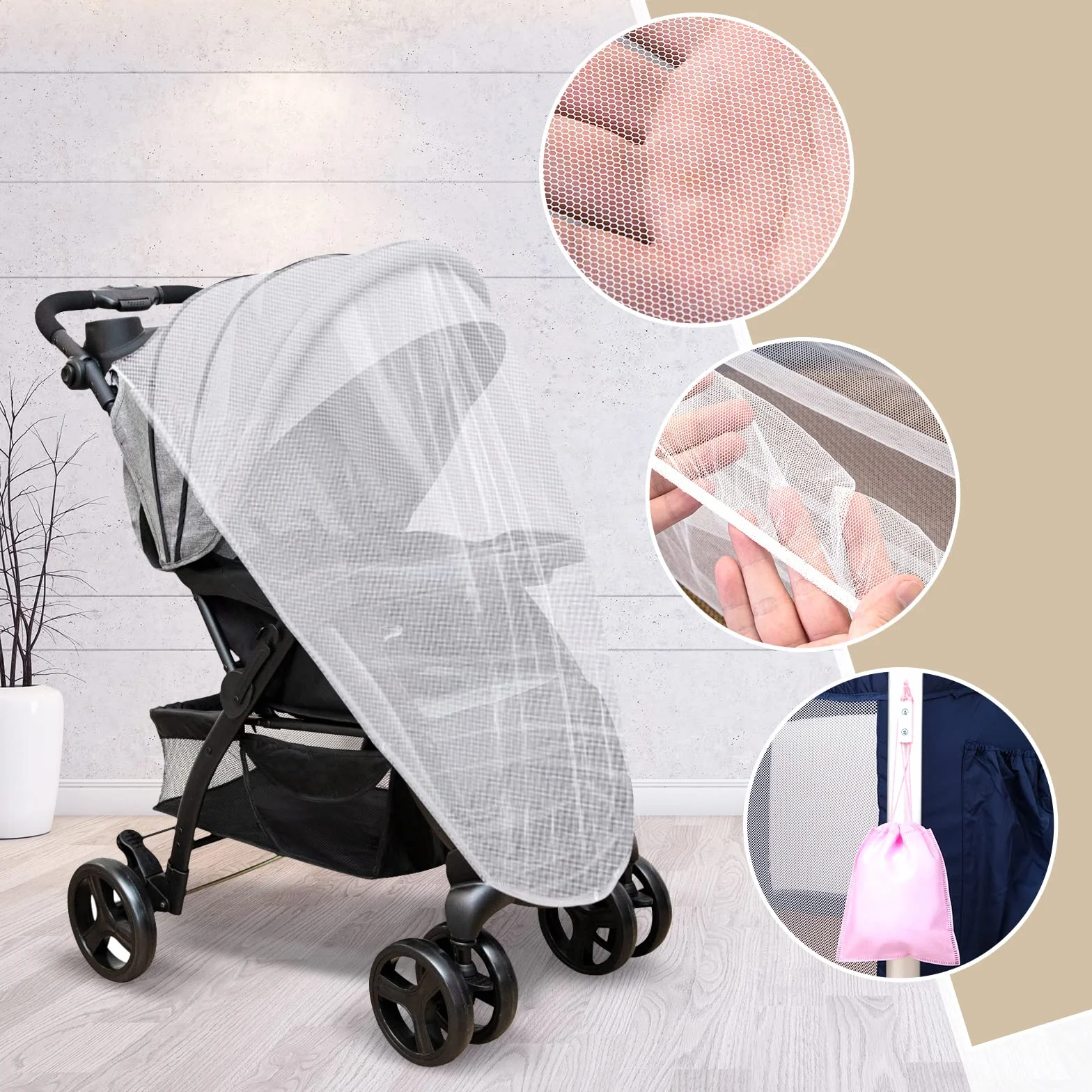 LEMESO Moustiquaire Universelle Anti-Insectes pour Poussette, Landau, Auto-siège, Lit Parapluie Taille L