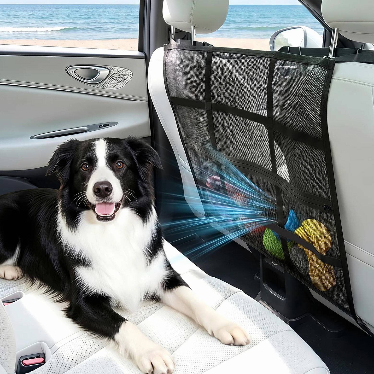 Barrière De Sécurité Pour Chien, Barrière Pour Animaux En Filet Double Épaisseur, Évite Que Le Chien Ne Saute Et Ne Distrait Le Conducteur, Facile À Installer Avec Sac De Rangement, 75 X 65 CM