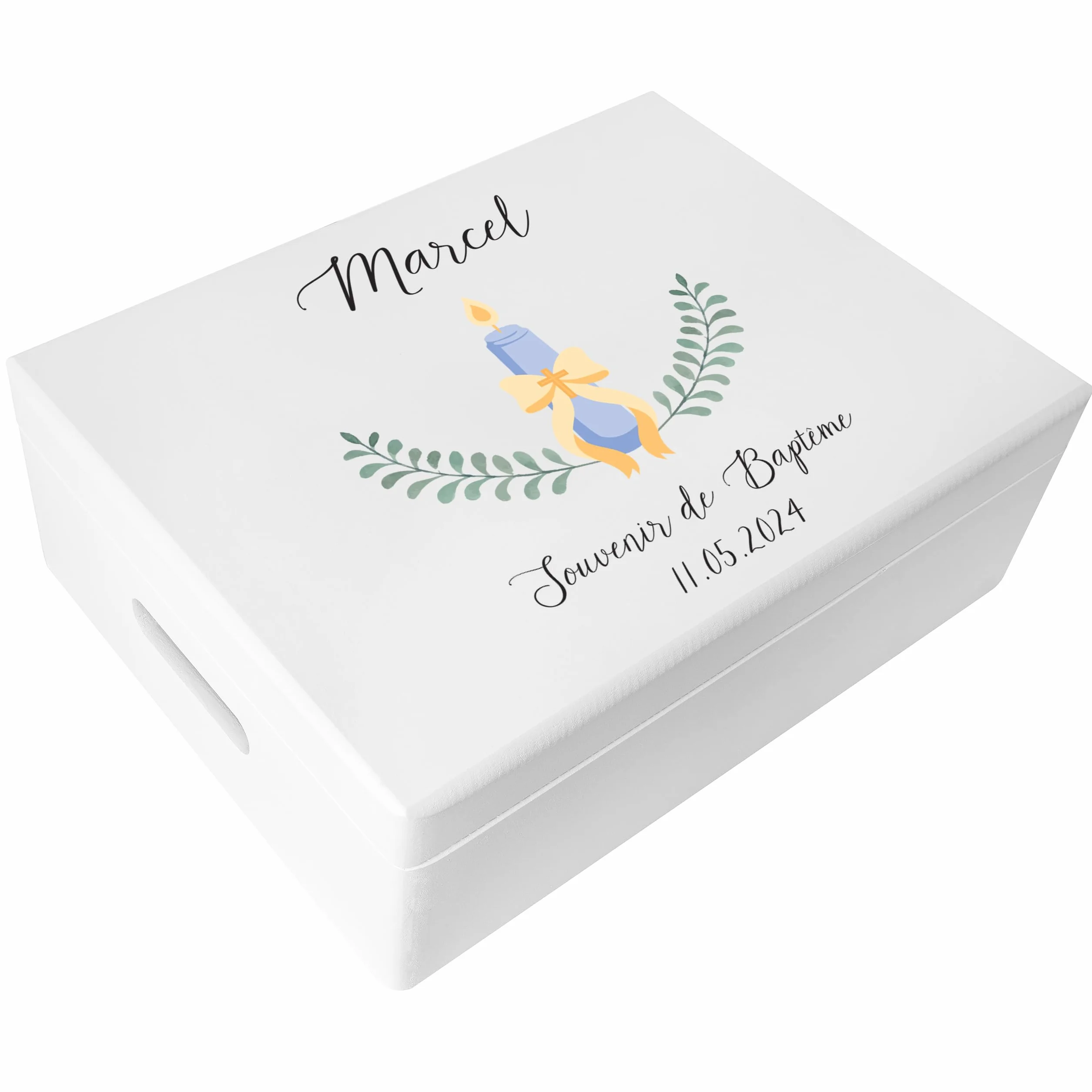 Boite Cadeau Personnalisé Bapteme Garçon Fille Bois Blanc Souvenirs Bougie Coffret Décoration