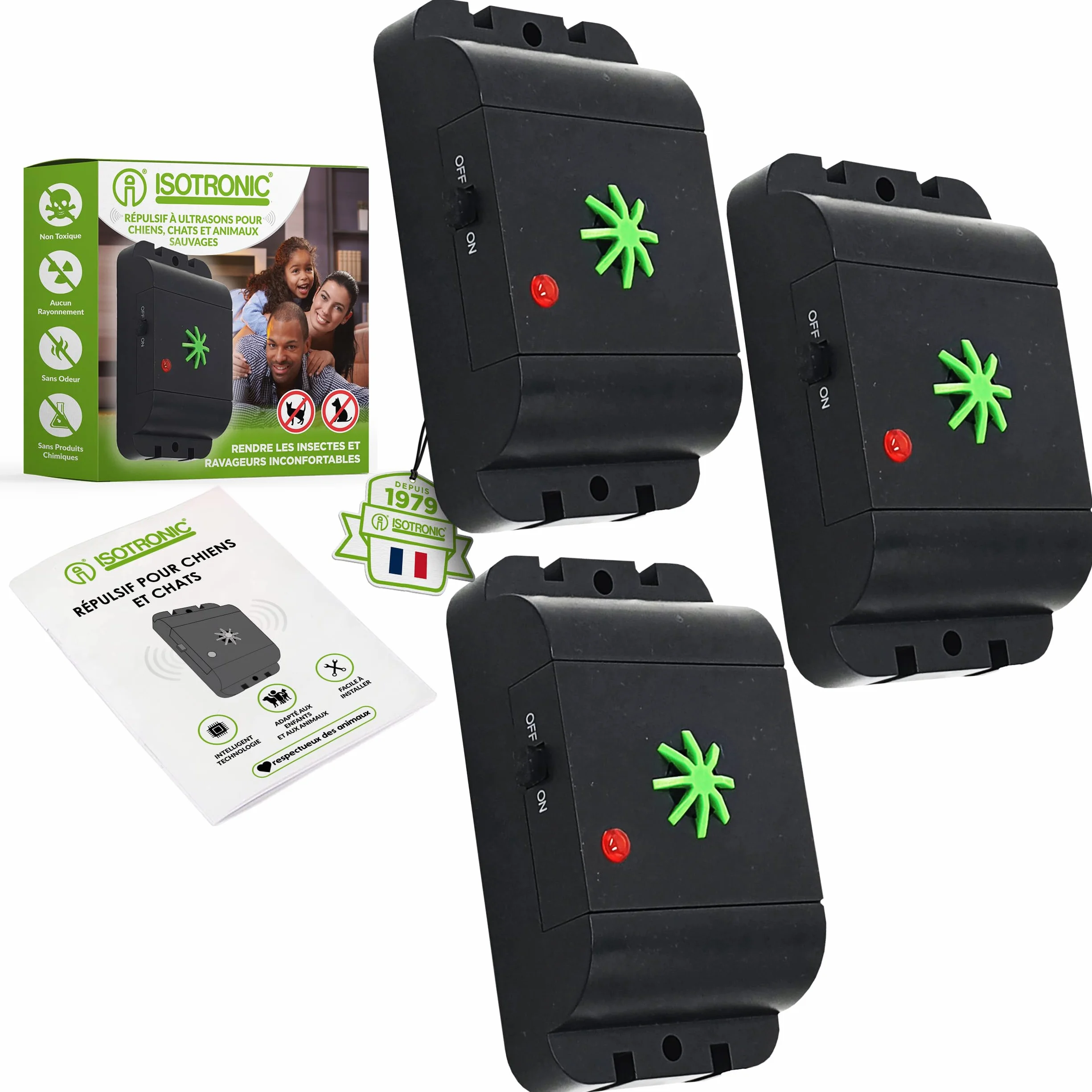 ISOTRONIC® Répulsif Ultrason pour Chiens et Chats, 3 pièces, sans Danger