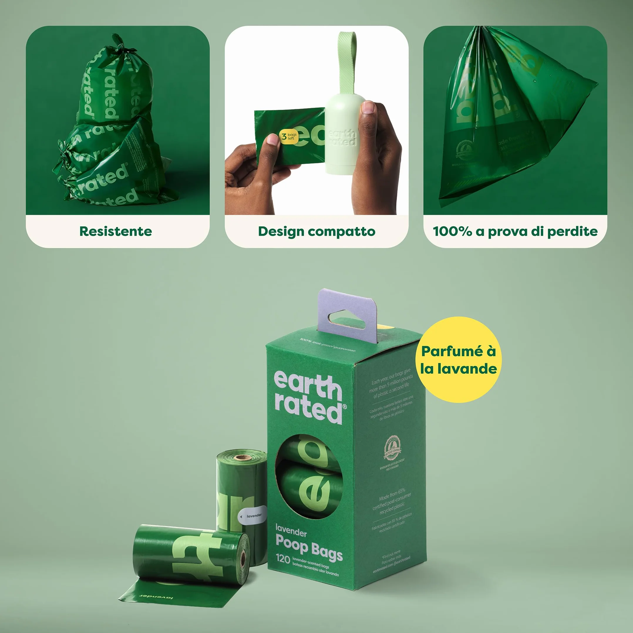 Earth Rated Sacs à crottes pour chiens, étanches extra épais, recharges rouleaux lavande 120 sacs