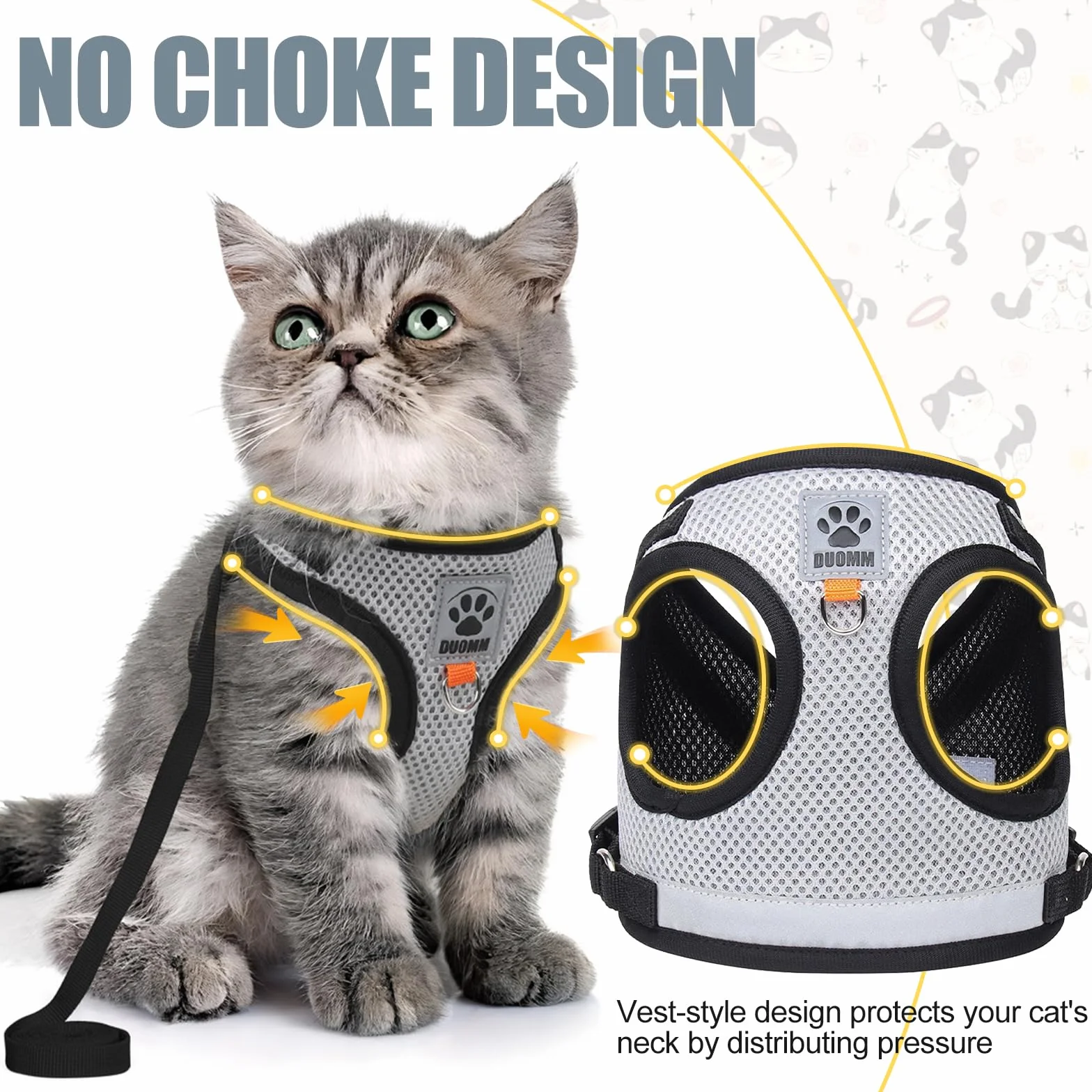 Harnais et Laisse pour Chat Anti évasion, Réglable, Réfléchissant, Gilet Respirant (M Gris)