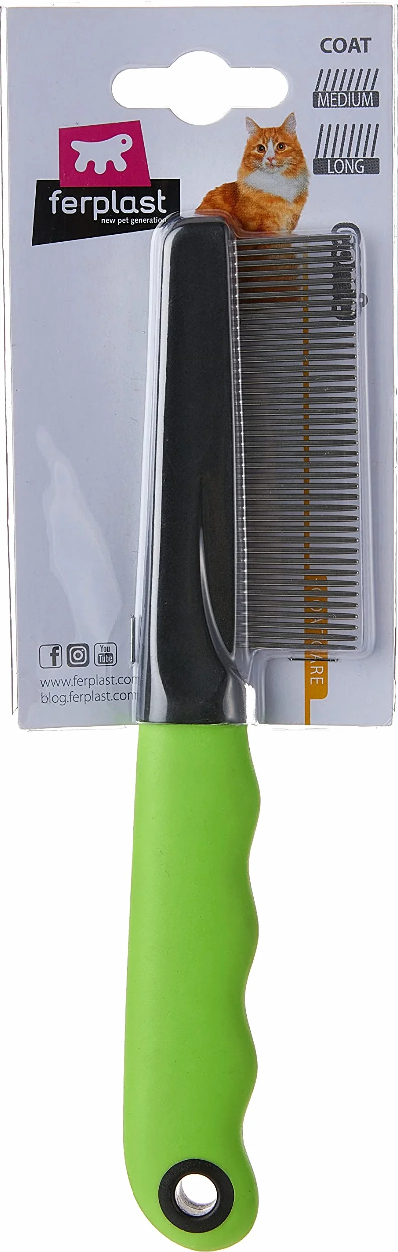Ferplast Peigne pour chiens et chats poils moyens et longs dents chromées arrondies manche antidérapant