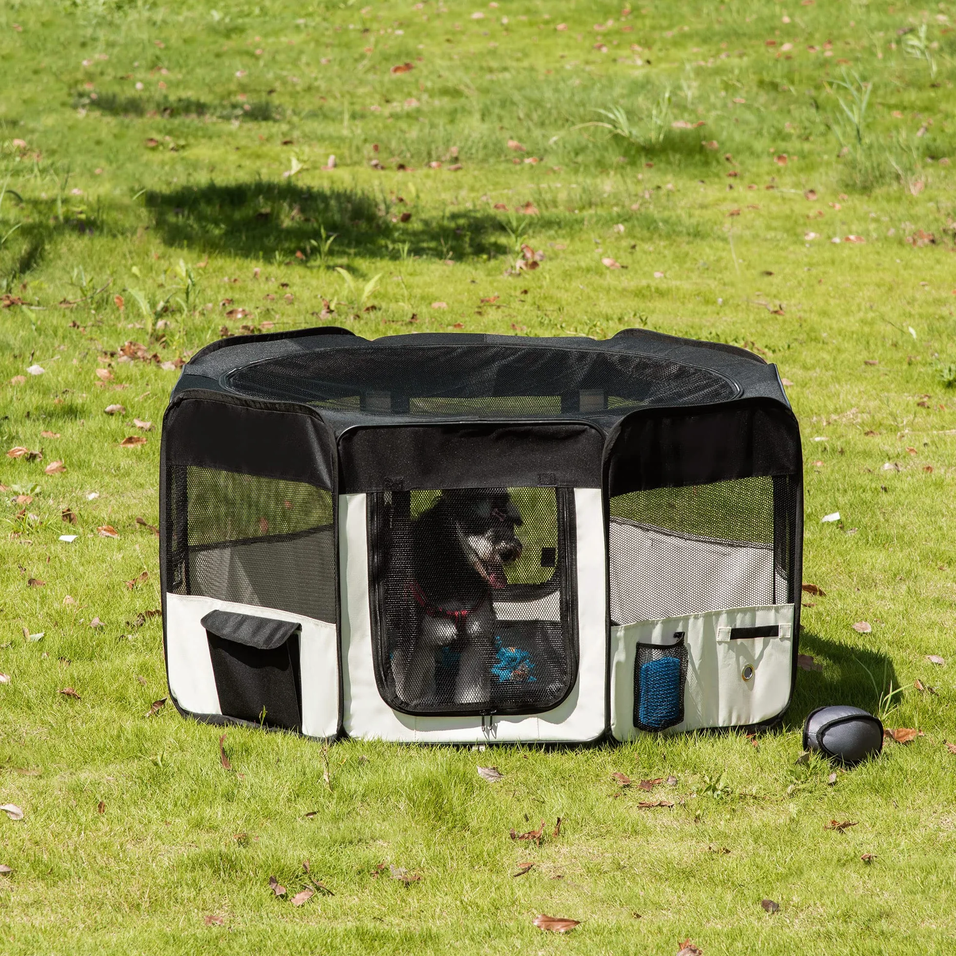 PawHut Parc enclos Pliable pour Chats et Petits Animaux octogonale en Tissu Oxford et Acier - Ø 120 x 58H cm - Noir et crème