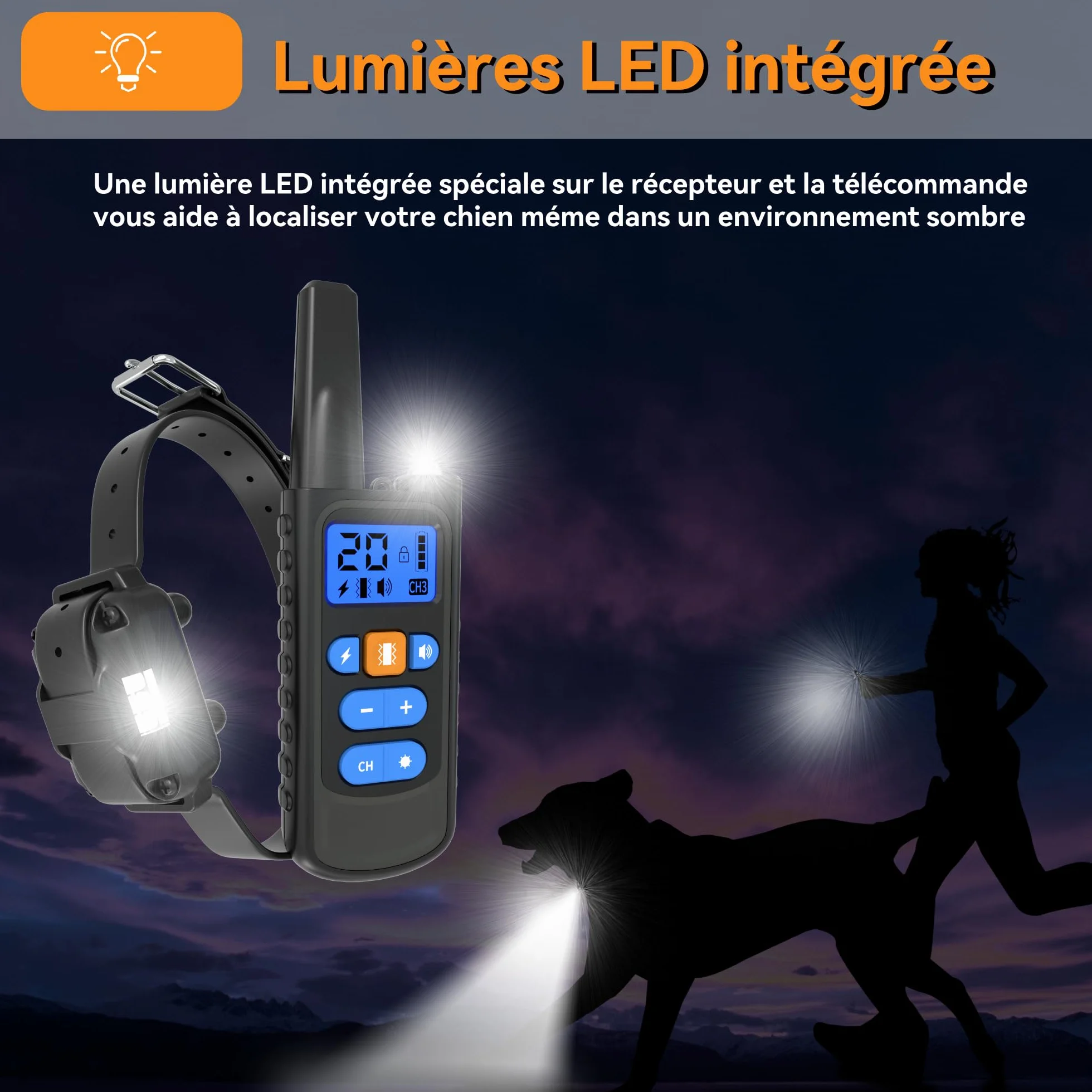 Collier de Dressage pour Chiens Rechargeable Meloive, Portée 3000m, Mode Vibration Son Choc Statique Lumière, IPX67 Résistant à l'Eau