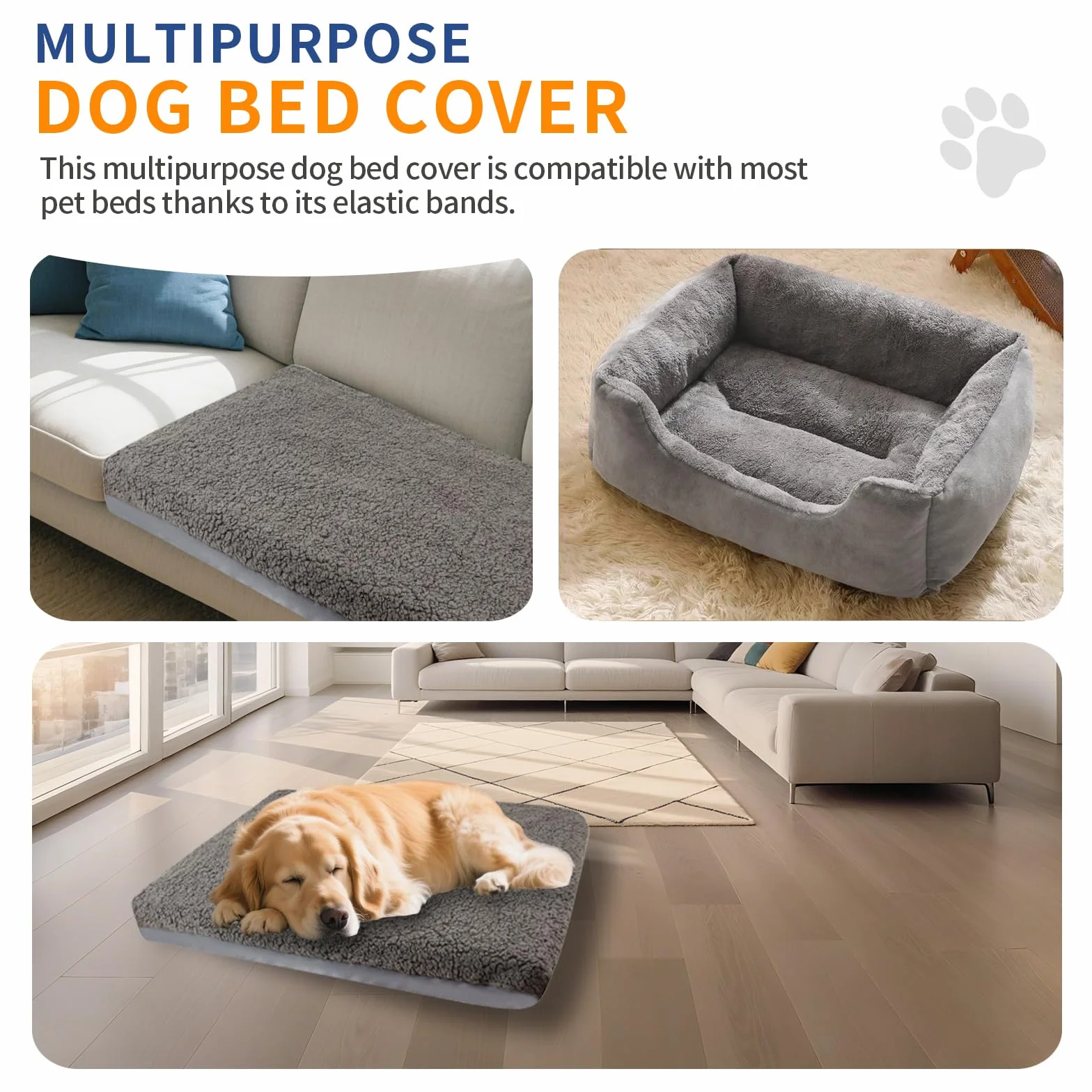 Peluche Douce Imperméable Lavable Amovible Housse de Lit pour Chien Gris 44" x 32" x 6"