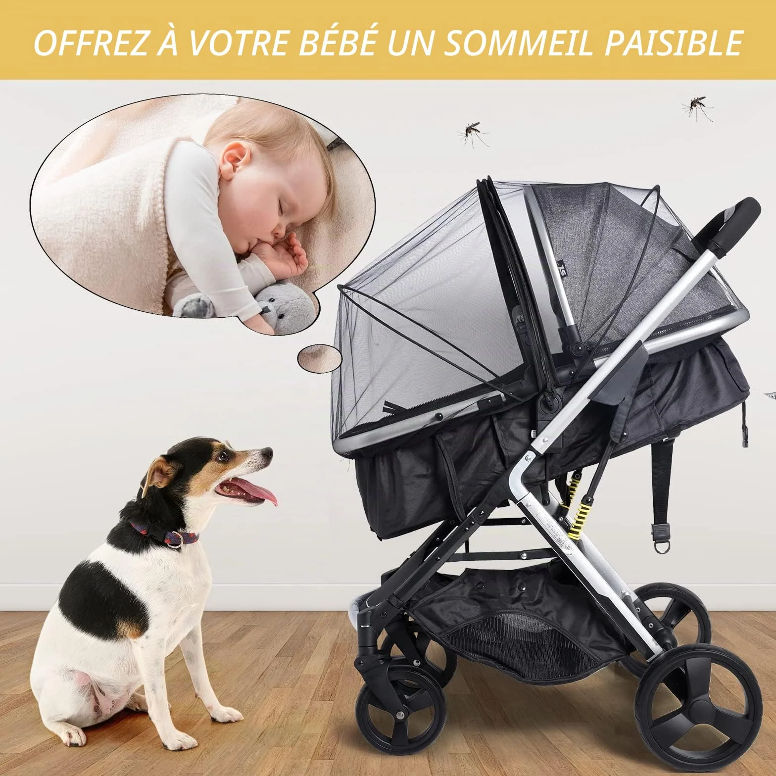 Moustiquaire Poussette Landau Universelle Double Fermeture Éclair Tiges Support Filet Anti-Insectes Résistant Déchirures Bébés Enfants Moustiques
