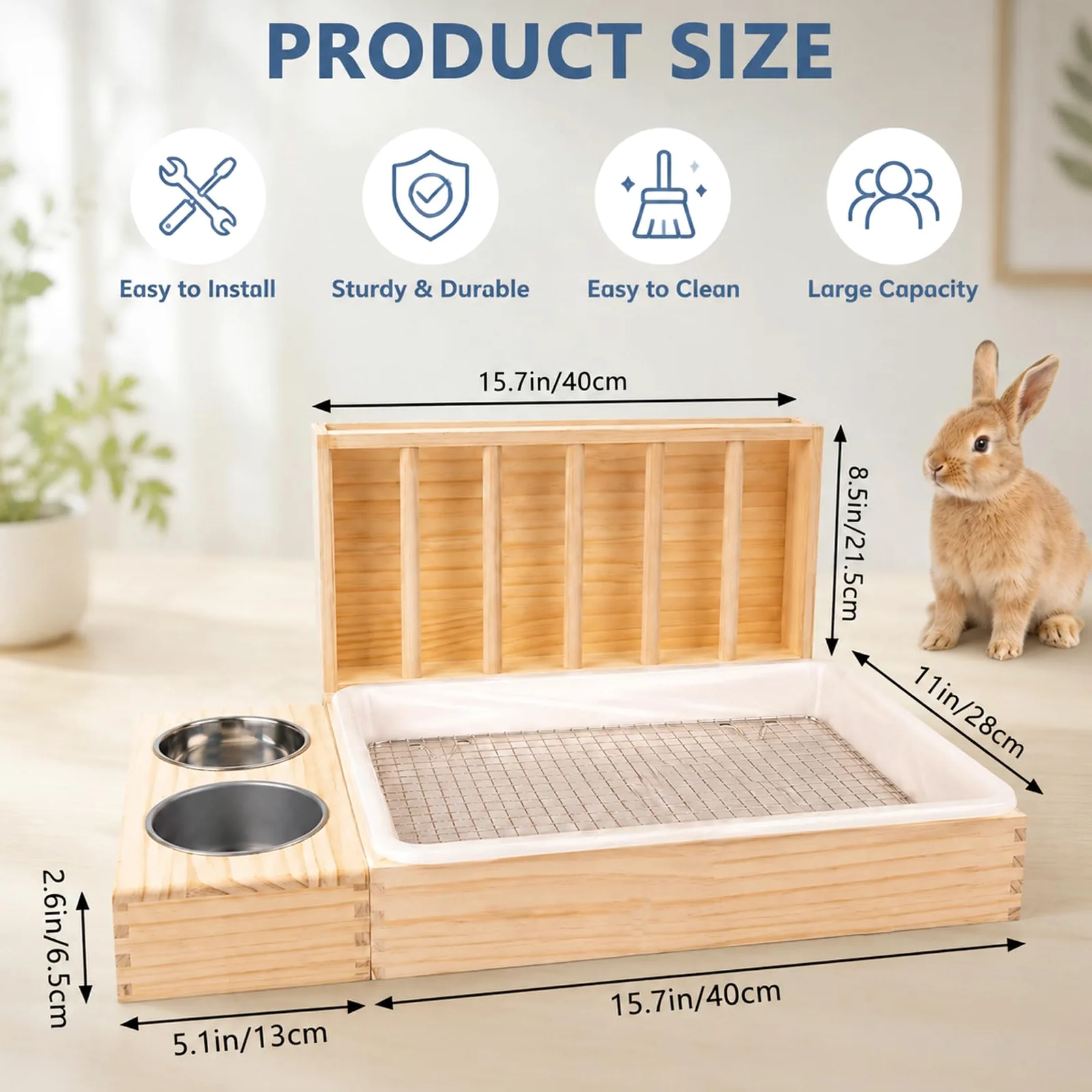 Râtelier à Foin Viridux pour Lapins, râtelier à Foin en Bois 3 en 1 | avec grille en acier inoxydable et outil de nettoyage, distributeur automatique de nourriture