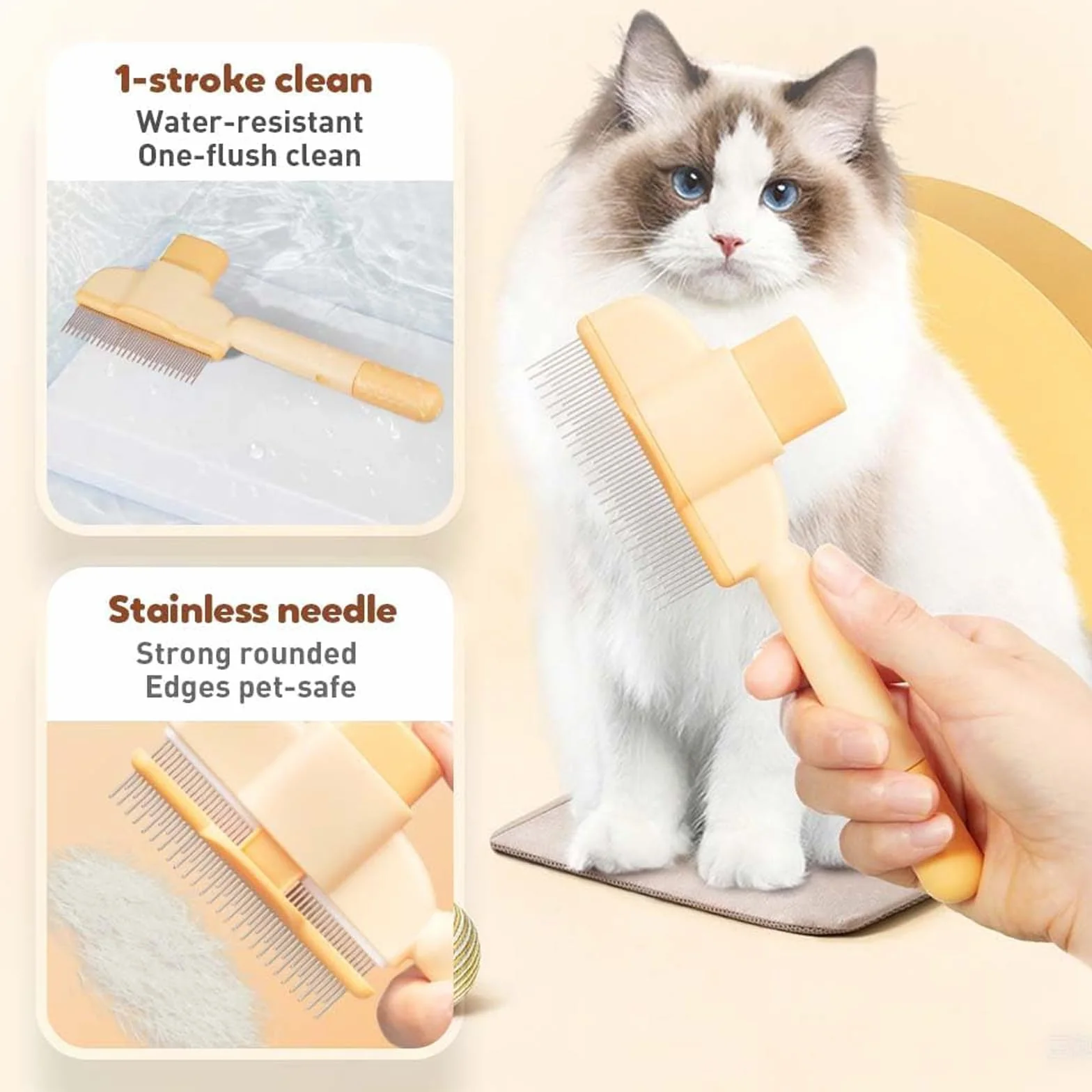 Peigne de Toilettage pour Chat avec Bouton D'épilation, Brosse Anti-Puces, Acier Inoxydable 2 Pièces