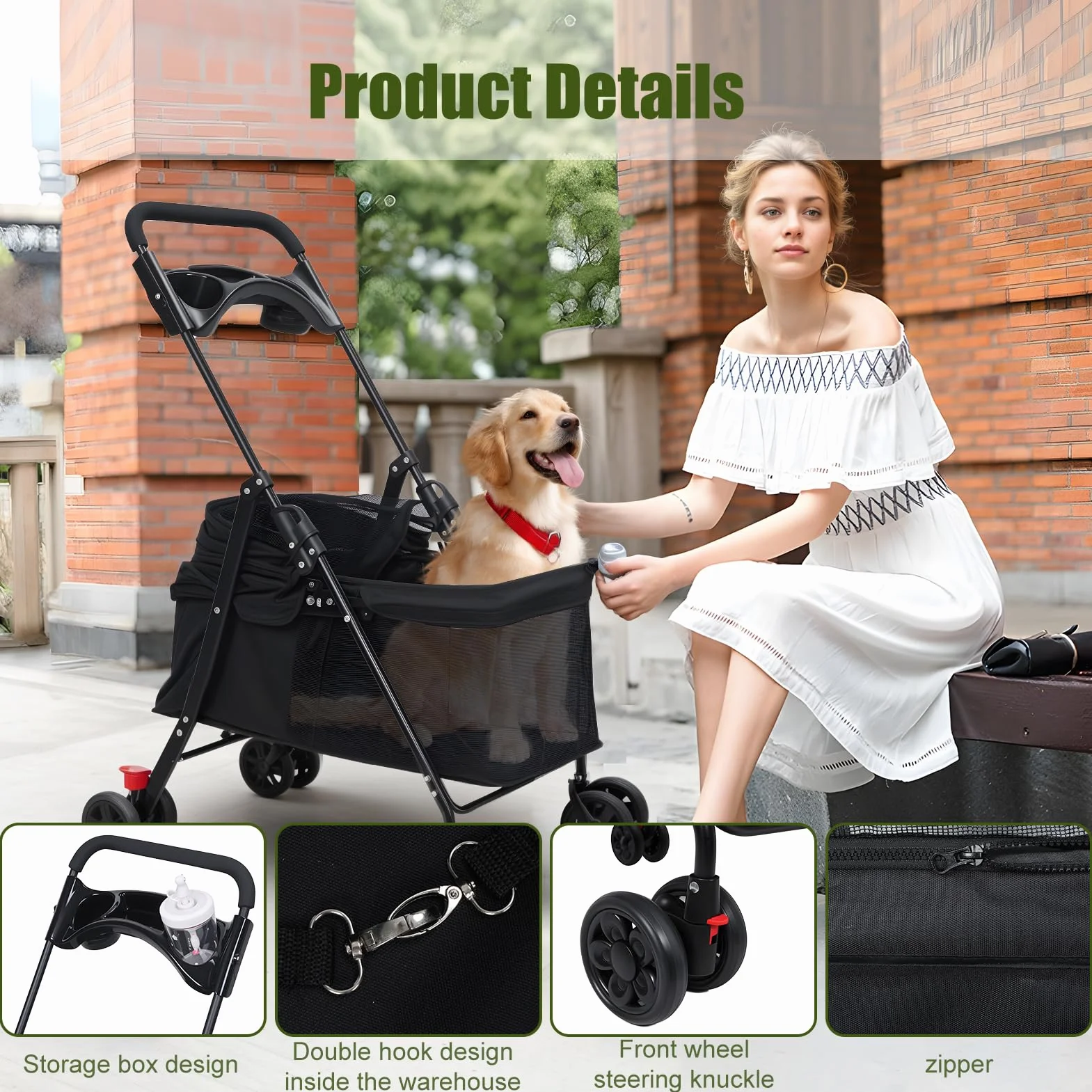 Poussette pour chats et chiens pliable 4 roues avec porte-gobelet fenêtre maille bleu