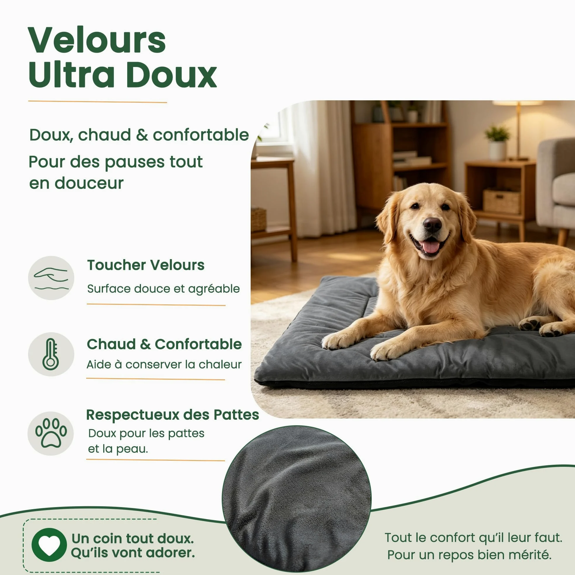 RovePad Cozy Tapis pour cage pour chien - 6 cm d'épaisseur - En velours - Dessous antidérapant en PVC - Lavable - Gris - Taille M