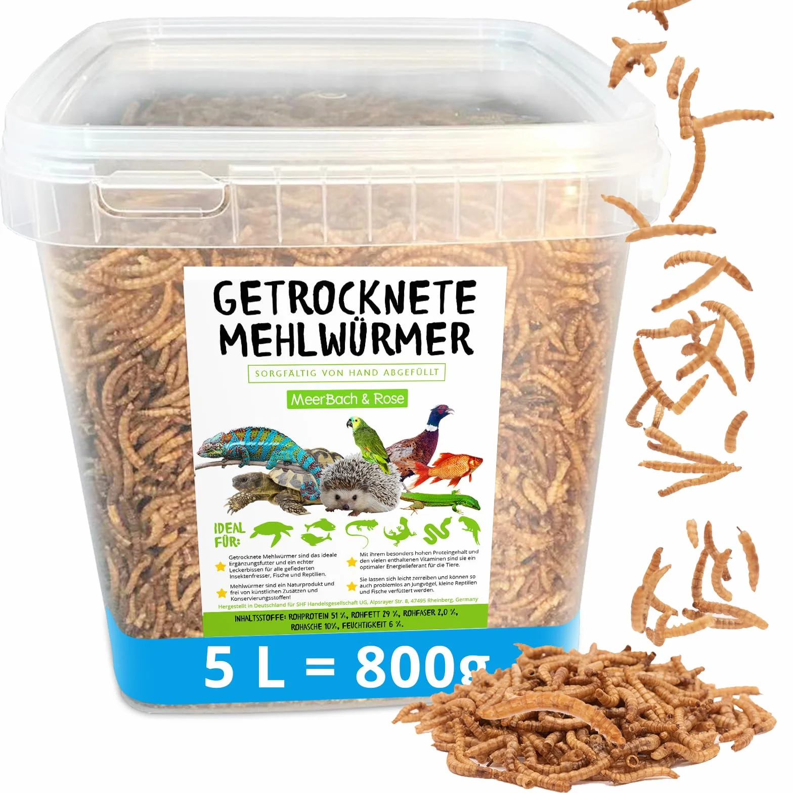 MeerBach & Rose vers de Farine Séchés 800g 5000ml Nourriture pour Poissons Oiseaux Tortues Hérissons Rongeurs Reptiles