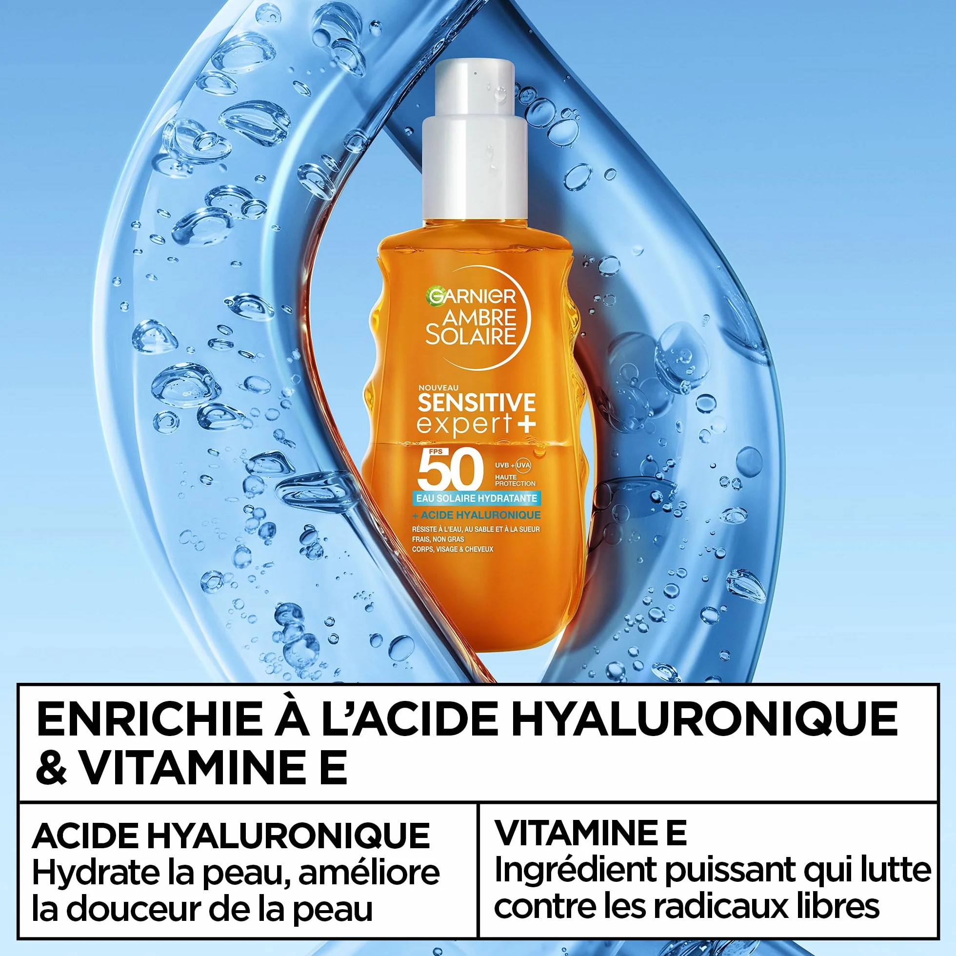 GARNIER Ambre Solaire Eau Biphase UV Sensitive Expert+ SPF 50 Visage Corps Cheveux Protection Solaire 150ml