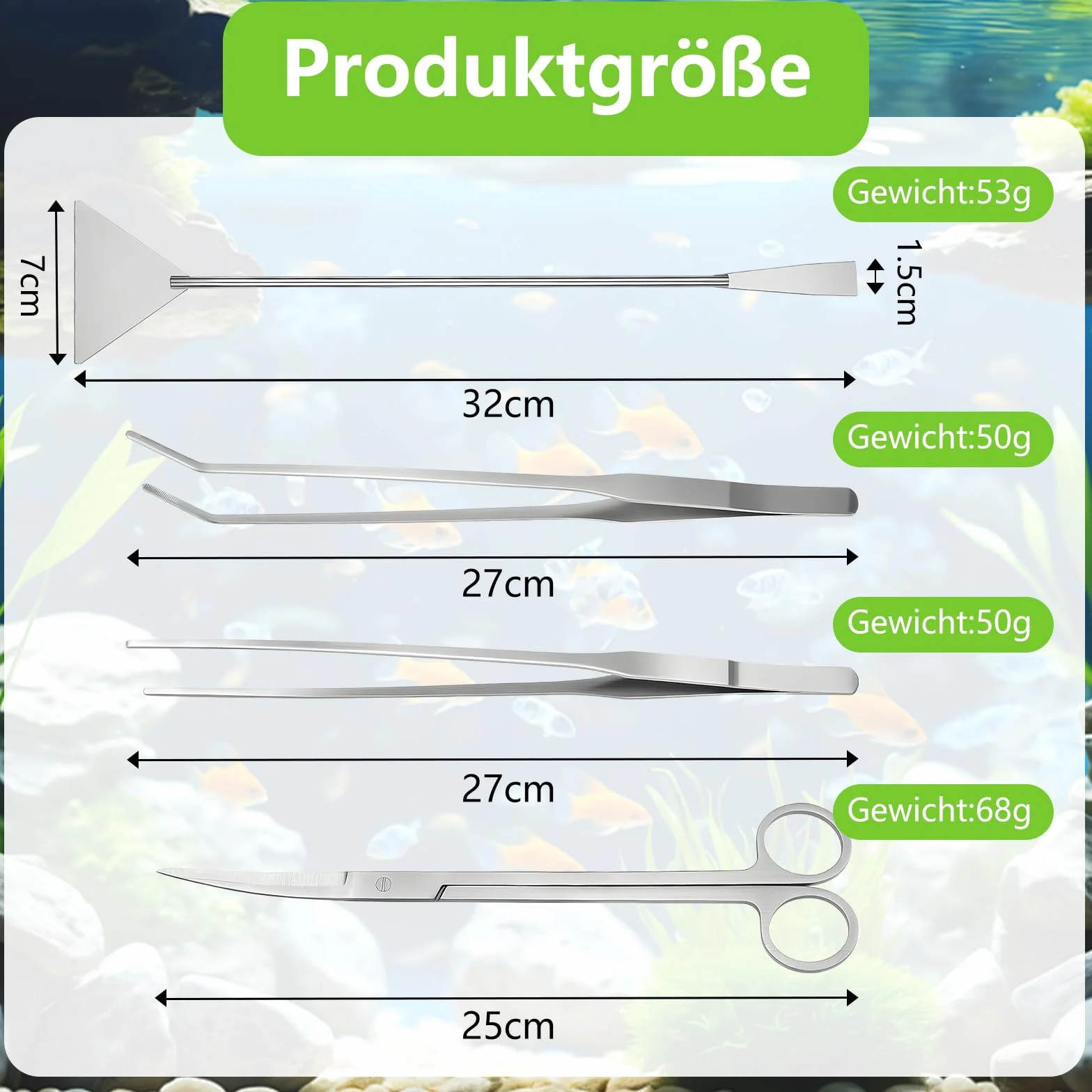 Lot de 4 outils d'aquarium en acier inoxydable - Ciseaux, pince à épiler, kit de nettoyage