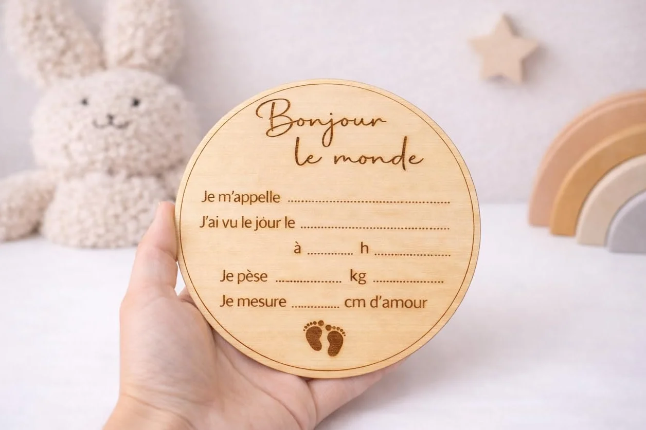Carte bienvenue annonce naissance prénom bébé en bois - Disque prénom bébé date heure poids taille - Accessoire pancarte photo nouveau-né souvenir maternité