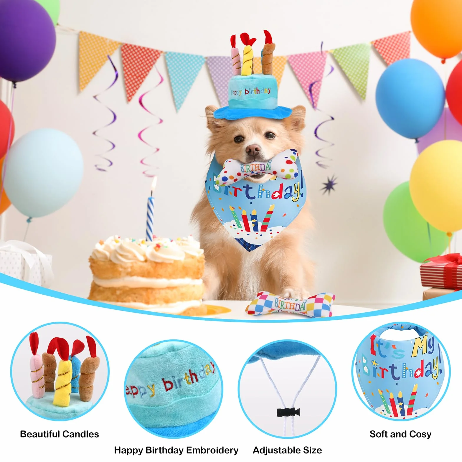 Lot de 4 jouets d'anniversaire pour chien - couineur réglable - chapeau - bandana - os en peluche
