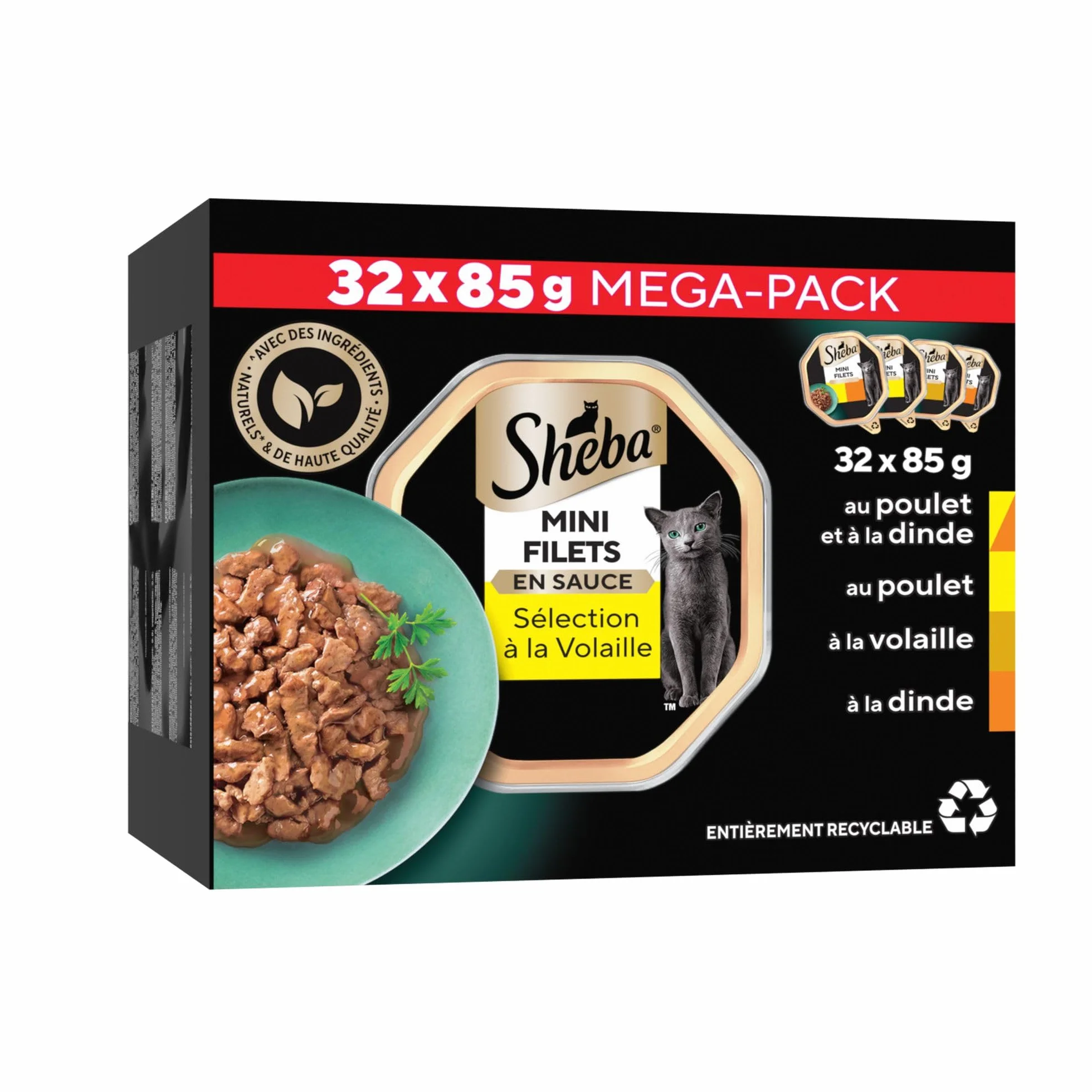 SHEBA Mini Filets en Sauce Sélection à la Volaille barquettes pour Chat Adulte 4 variétés Mega Pack 32x85g