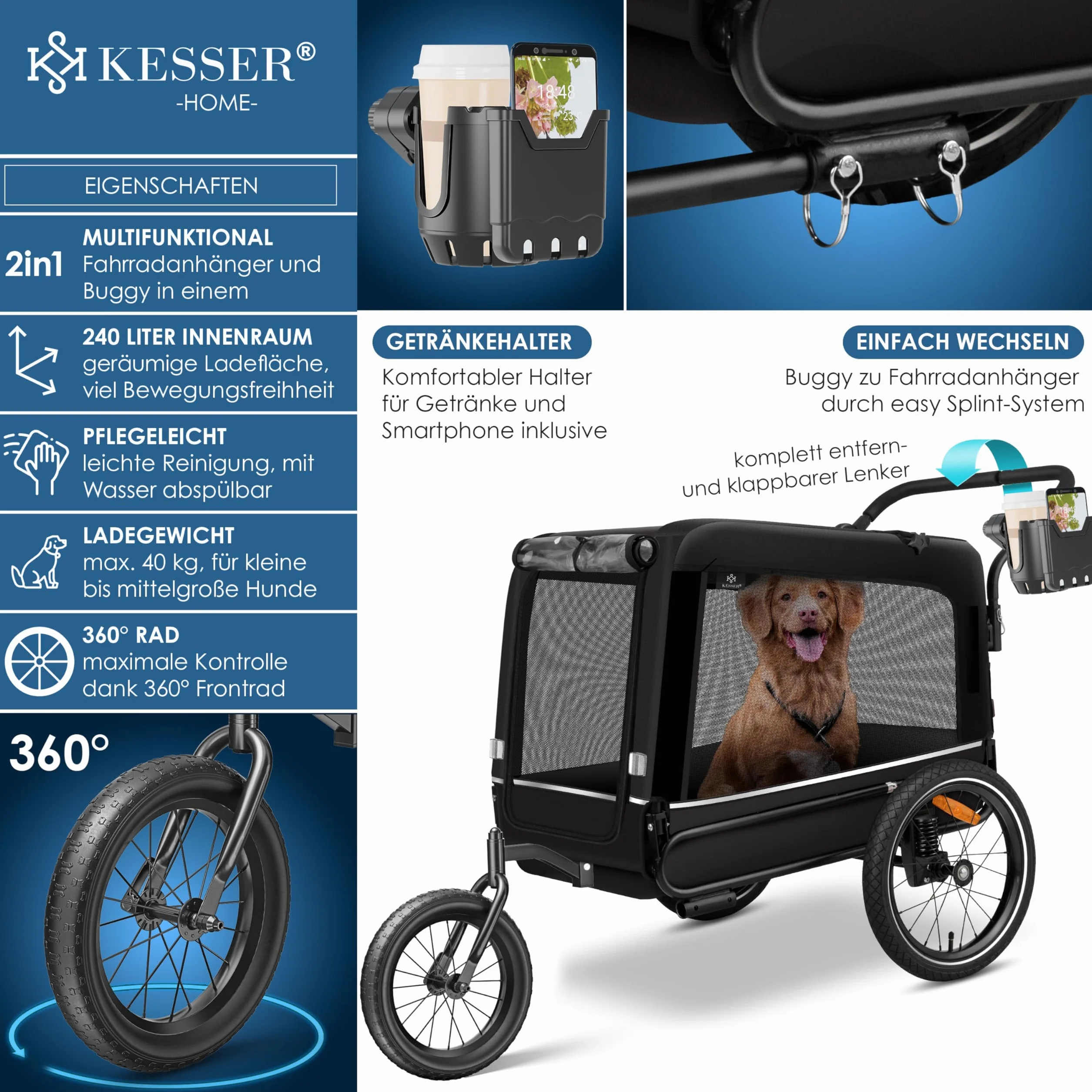 KESSER Remorque de vélo pour Chien XXL 240 litres avec suspensions imperméable capacité de charge 40 kg