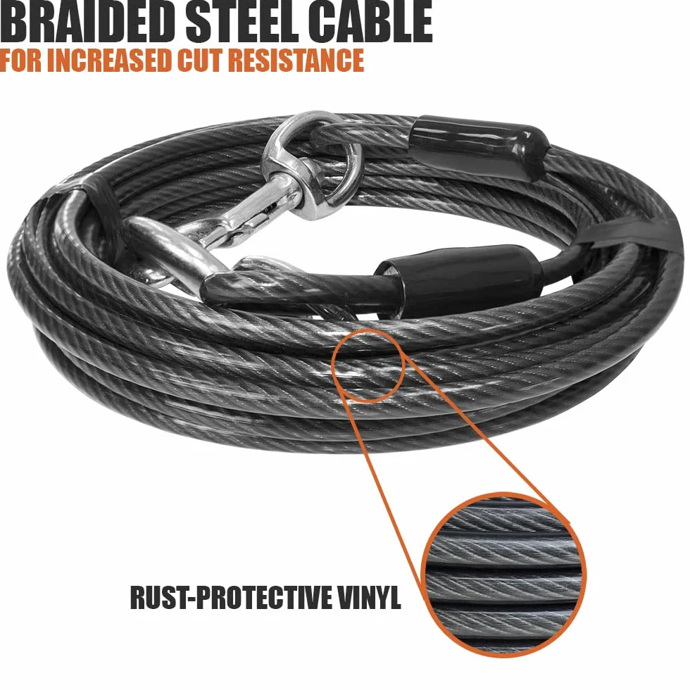 Câble d'attache pour Chien 7,6 m 113,4 kg Réfléchissant Antirouille Clips Pivotants Dégagement Rapide Gris
