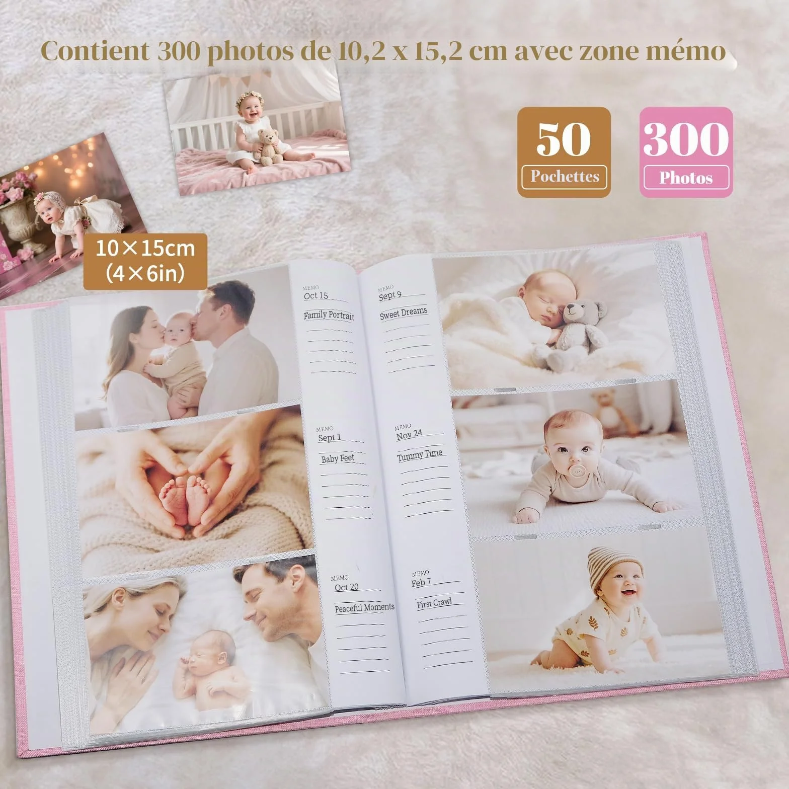Album photo bébé 10x15 300 pochettes couverture rigide lin sans acide