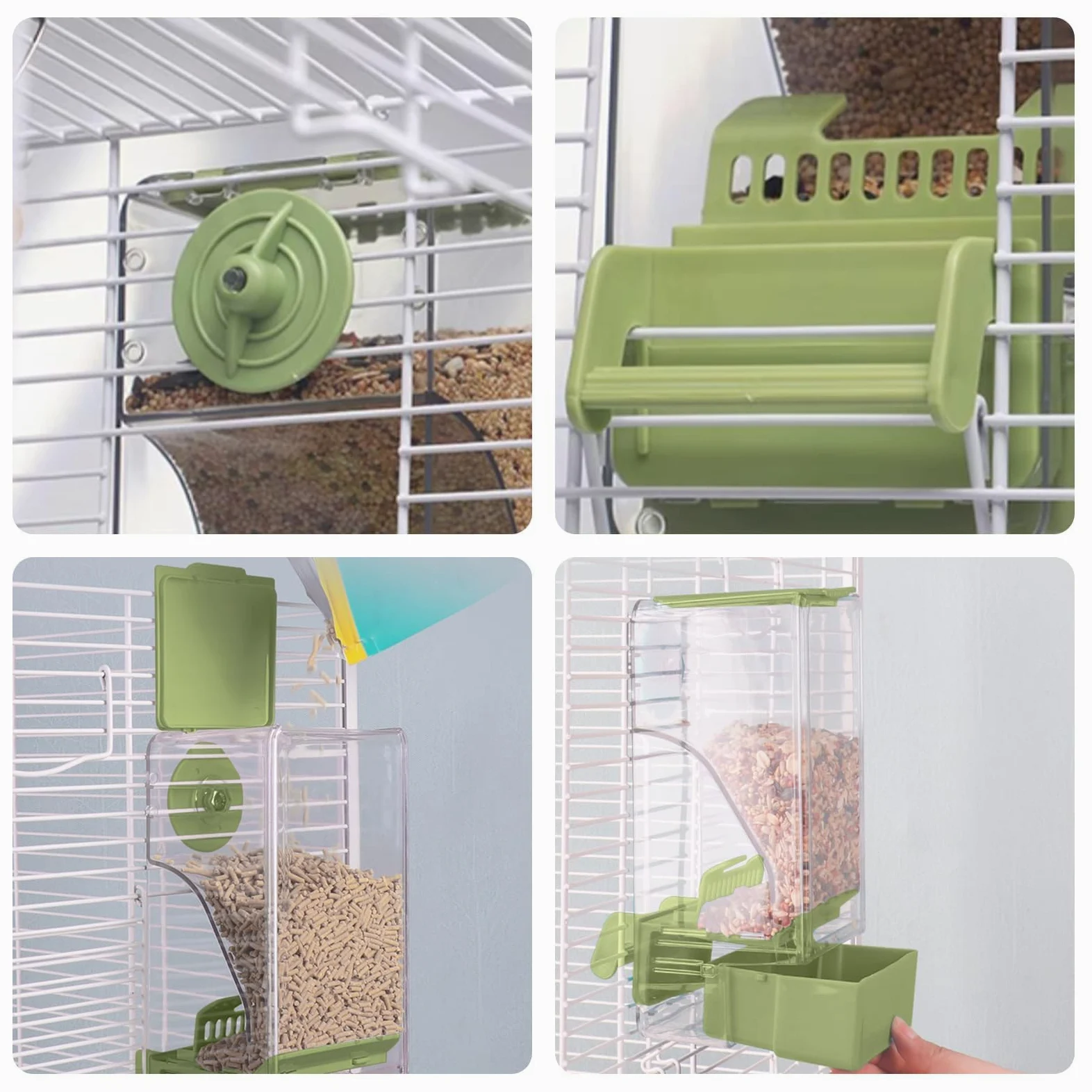 Distributeur d'eau sans désordre pour oiseaux, mangeoire automatique avec perchoir pour graines, perruches, canaris, calopsittes, pinsons, perruches (vert)