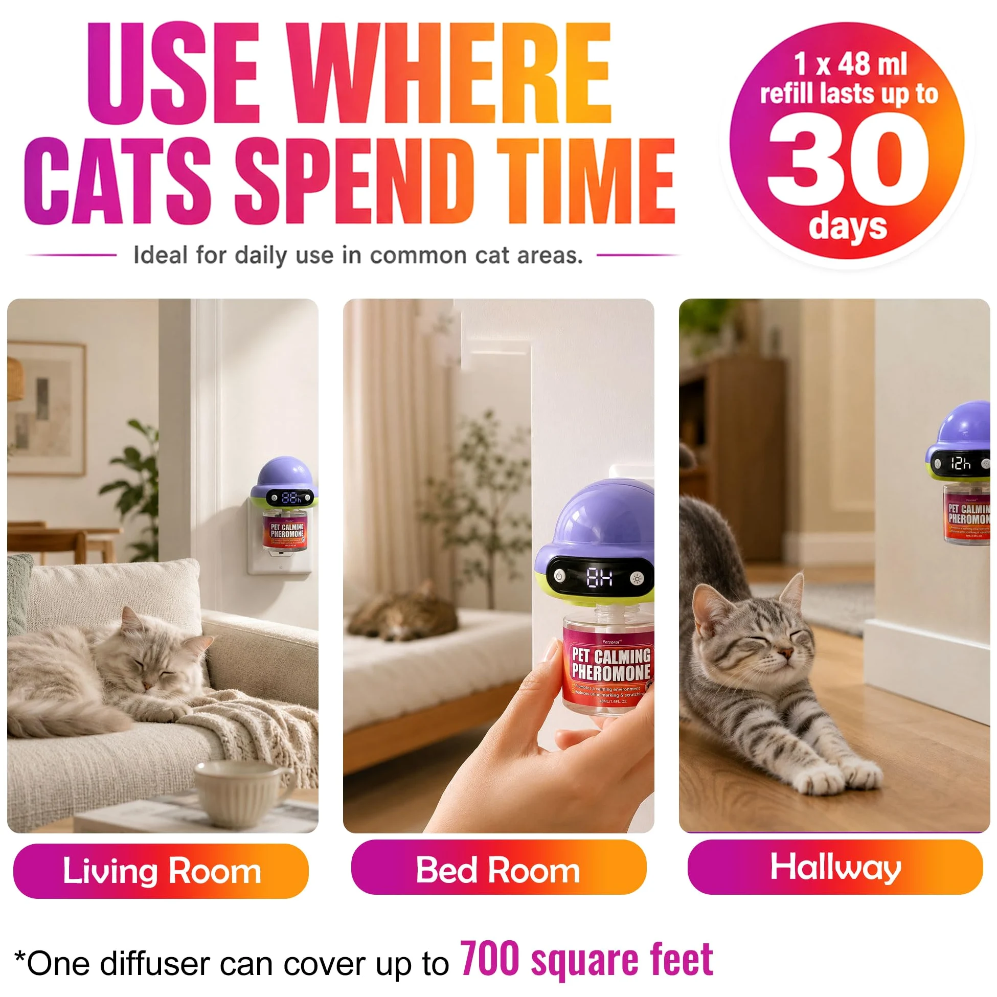 Petstoral Diffuseur de phéromones pour chat avec minuterie, programme intelligent de 4/8/12/24 heures, aide à réduire l'anxiété, la pulvérisation d'urine, les rayures et l'agression pour les maisons