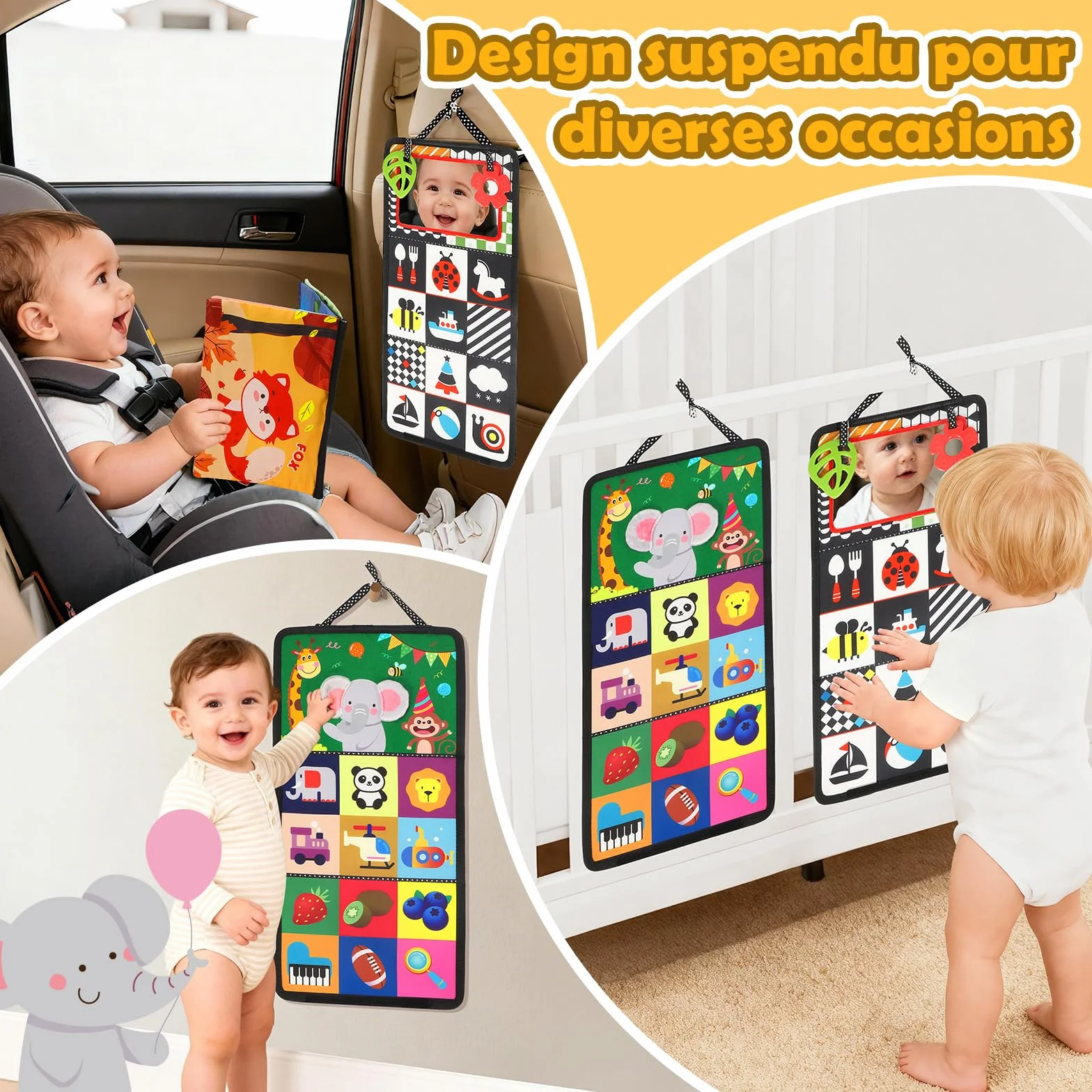 BBWOO Jouet Bébé 0-12 Mois, Grand Livre Pliable Montessori avec Miroir et Jouet Dentition Sensoriel, Images Noir et Blanc Haute Contraste