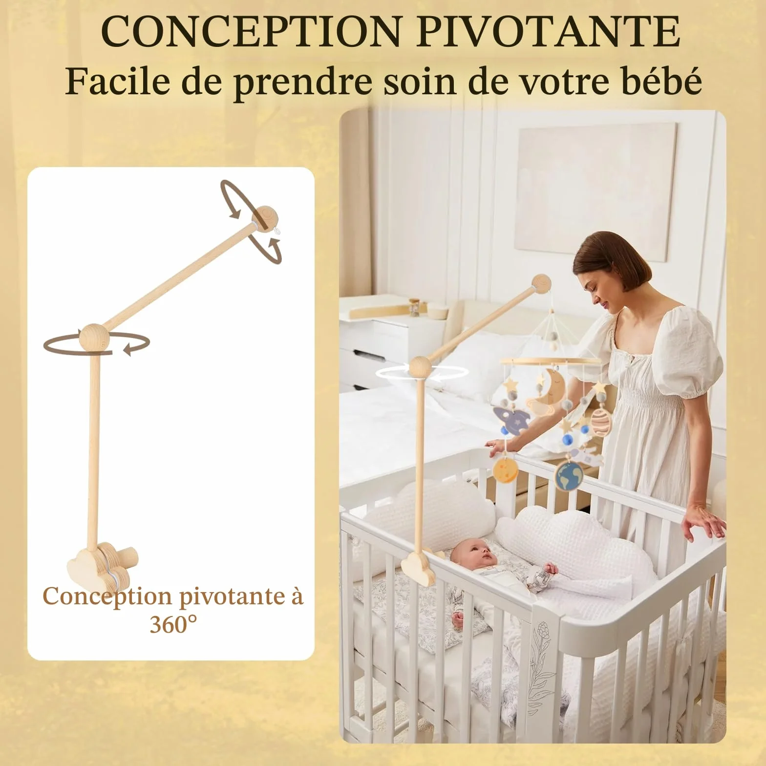 Support Mobile Bebe Bois, Support de Lit Rotatif, Base Nuage, Suspension Carillons pour Lit Enfant et Table à Langer