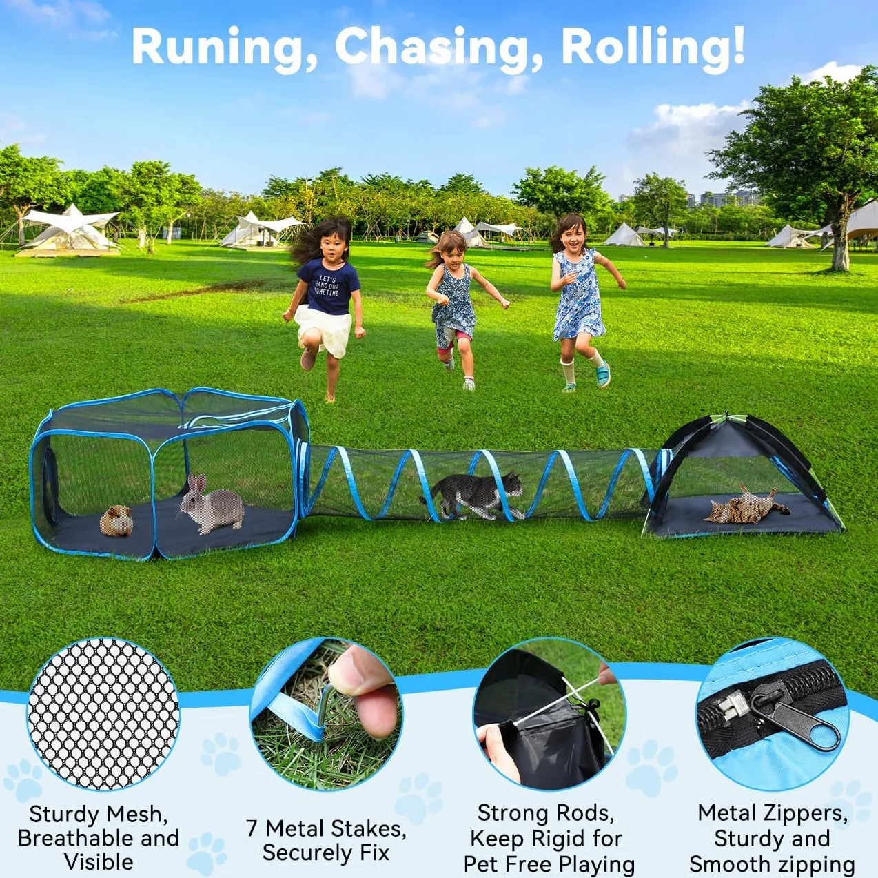 Pawaboo Parc pour Chats 3 en 1 Enclos Portable Pliable Bleu Clair Noir