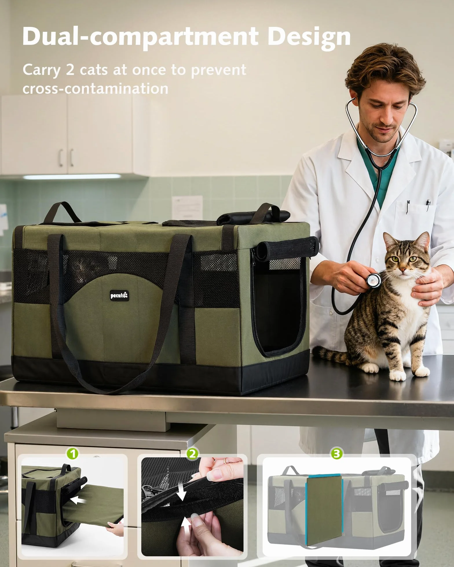 Pecute Sac de Transport pour 2 Chat, Cadre Ultra Stable, Pliable, Vert