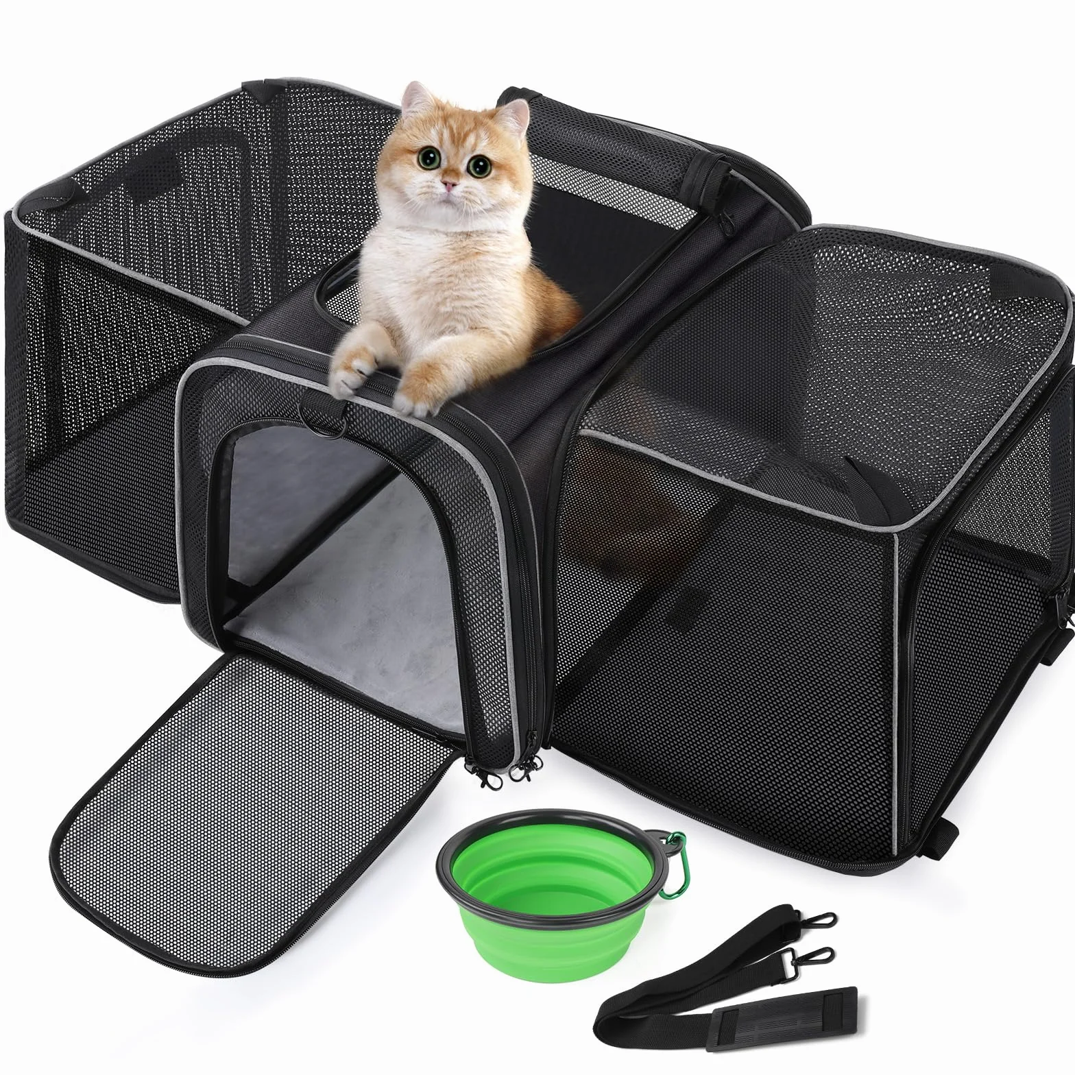 Pecute Sac de Transport Extensible Extra Large pour Chien Chat Pliable Maille Respirante Noir avec Bandoulière