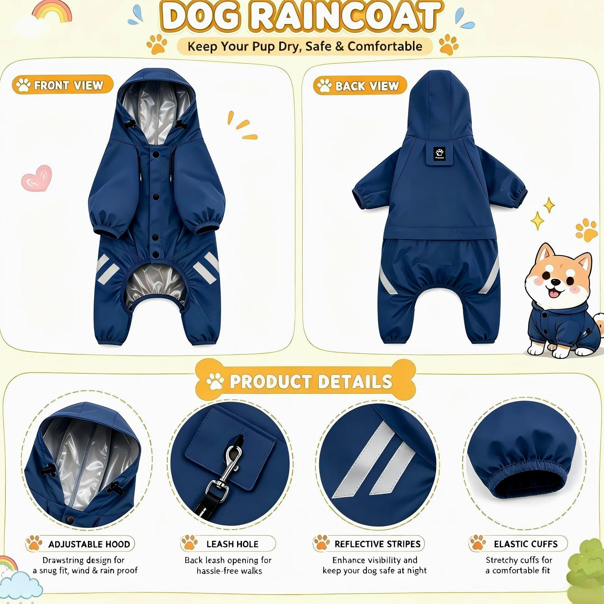 Manteau de pluie imperméable pour chiens de petite et moyenne taille avec capuche | Bandes réfléchissantes, facile à enfiler, accès à la laisse, plusieurs options de taille, tissu respirant à séchage rapide