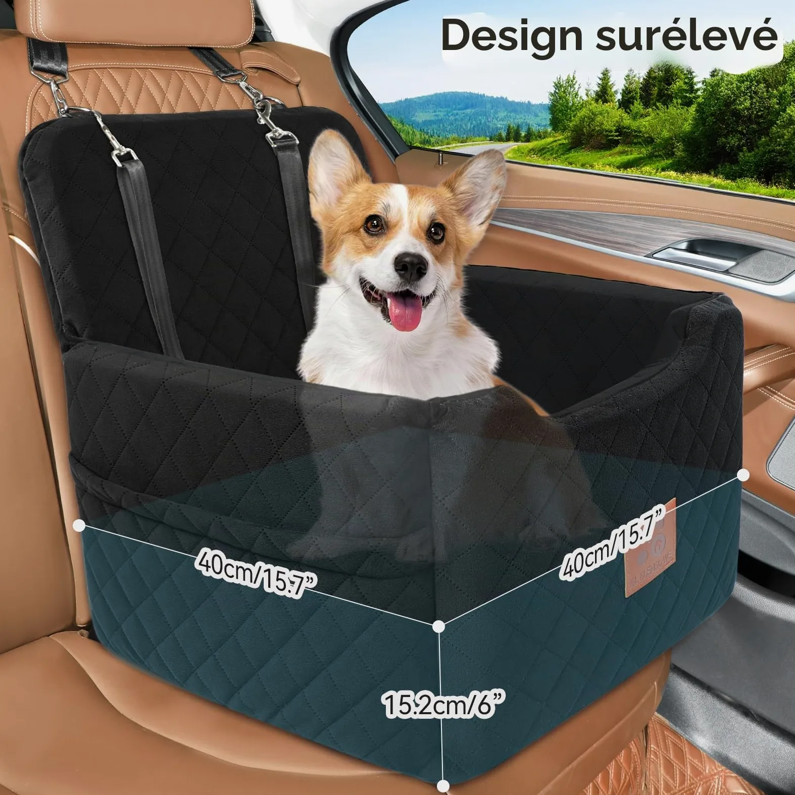 GL GLENSLAVE Siège auto pour chiens de petite et moyenne taille de moins de 15,9 kg, siège rehausseur en mousse à mémoire de forme, amovible et lavable, lit pour chien avec 2 ceintures de sécurité