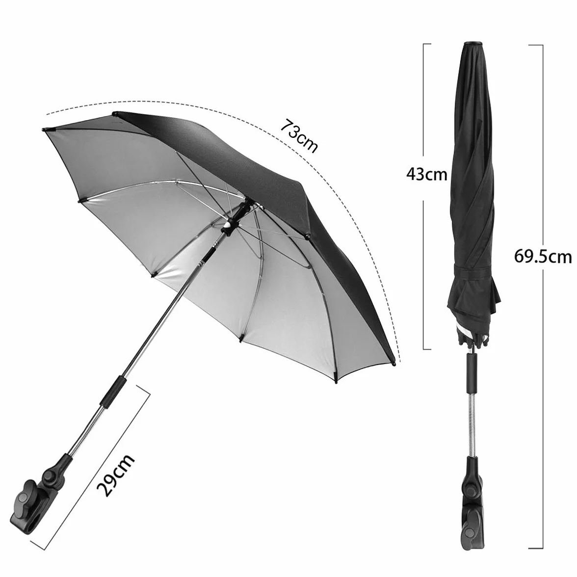 Ombrelle Universelle Anti UV 50+ Diamètre 73cm pour Poussette et Landau Noir