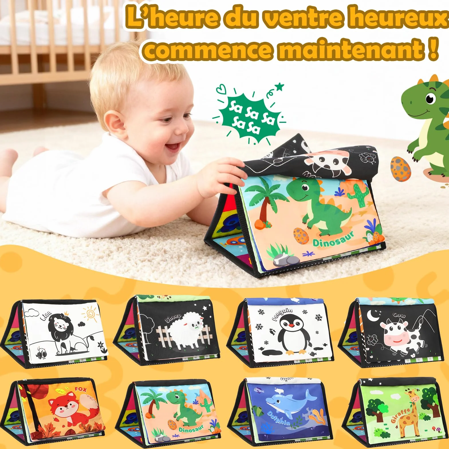 BBWOO Jouet Bébé 0-12 Mois, Grand Livre Pliable Montessori avec Miroir et Jouet Dentition Sensoriel, Images Noir et Blanc Haute Contraste