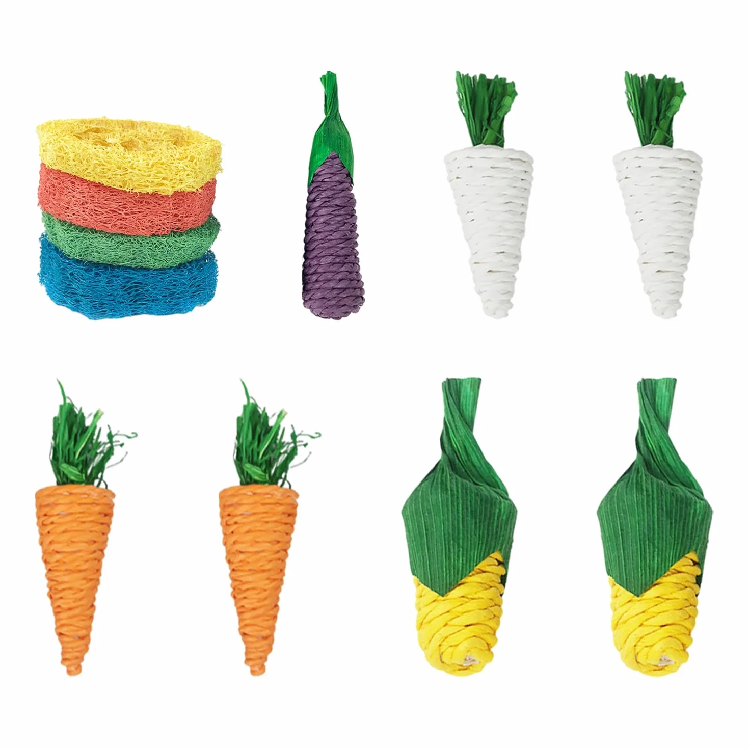 Ensemble de jouets pour hamster : 4 luffas naturels, 2 carottes, 2 radis blancs, 2 maïs, 1 jouet à mâcher d'aubergine