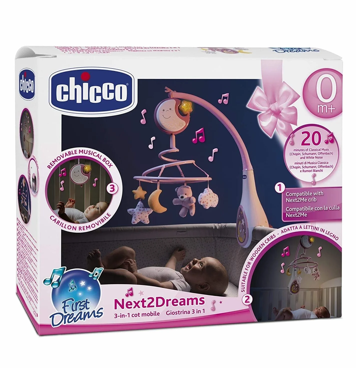 Chicco Mobile Musical First Dreams 3en1 pour Bébé avec mélodies apaisantes et Projection d'arc-en-Ciel, 4 pendentifs Doux