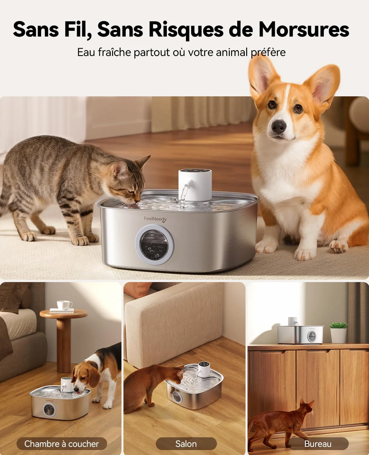 FEELNEEDY 8L Fontaine à Eau Chat sans Fil, Batterie 5000mAh, Distributeur Eau Chien avec Radar Détecteur de Mouvement