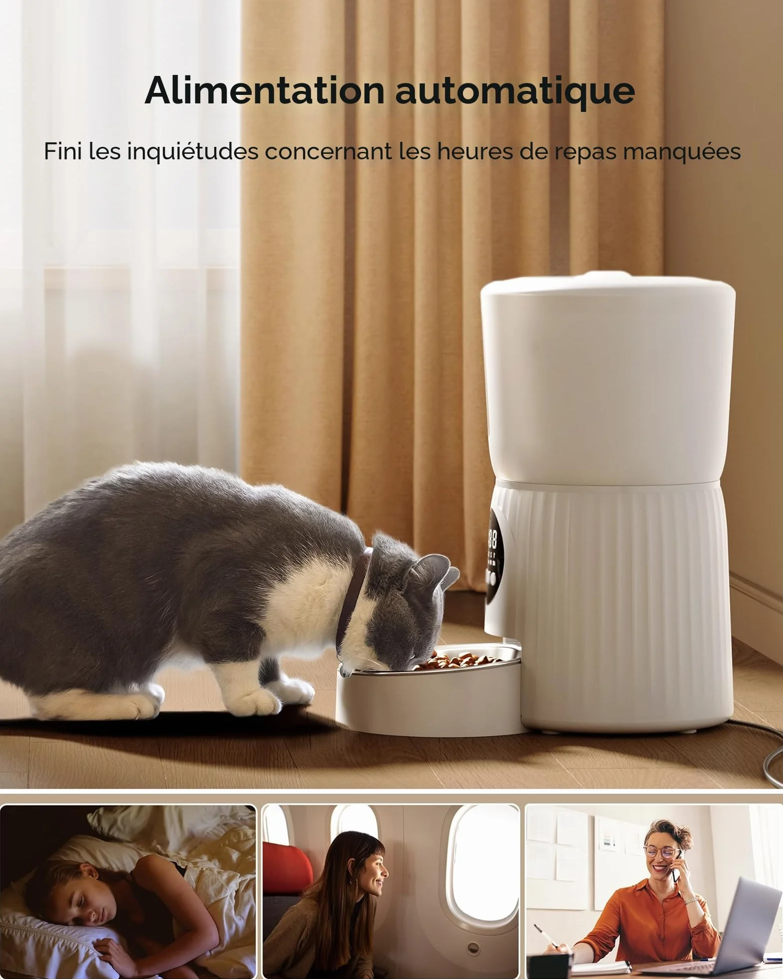 Faroro Distributeur Croquettes Chat Automatique 4L Contrôle Portions Enregistrement Vocal 10s Alimentation Lente Blanc