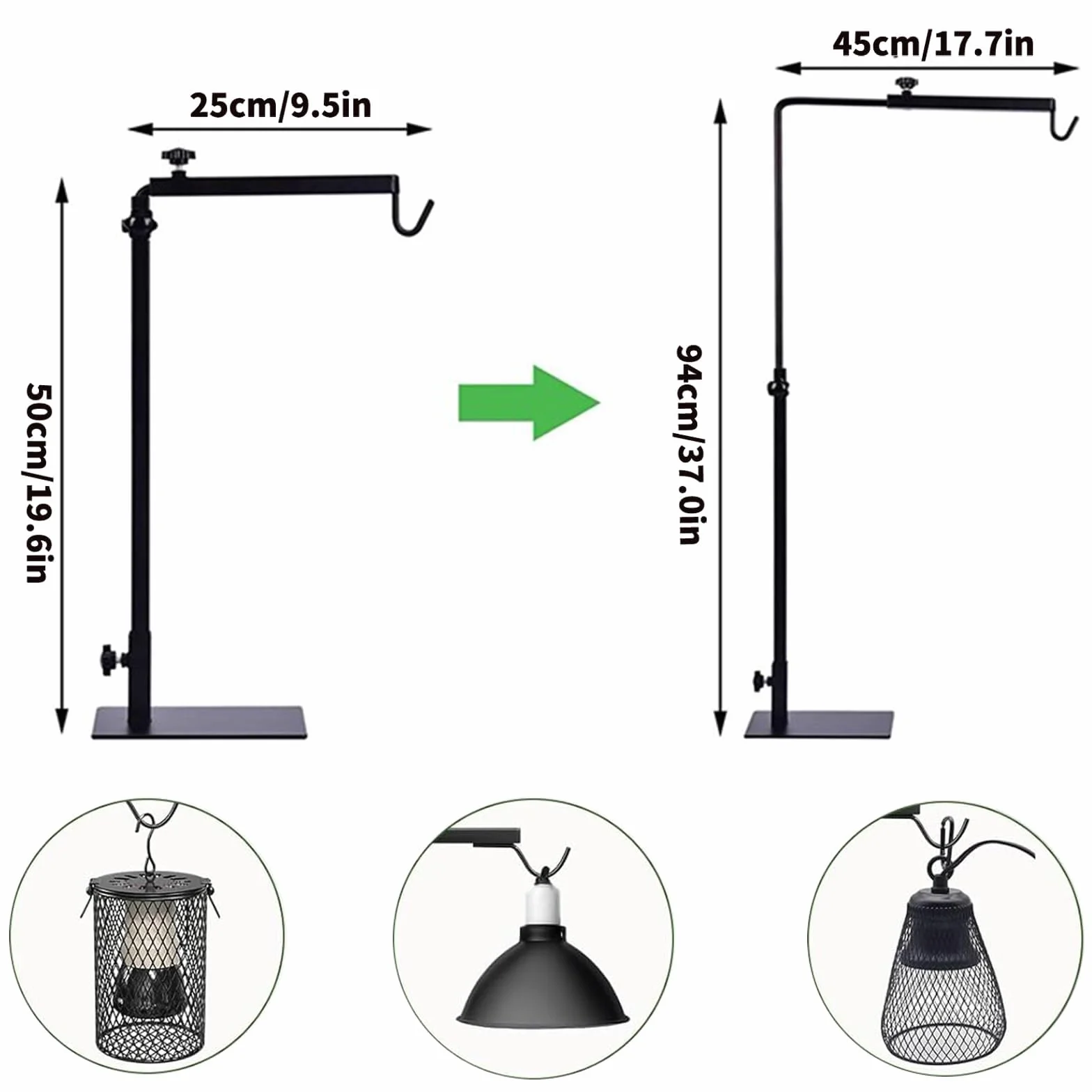 Support Lampe Reptile Réglable Hauteur 54-94cm Largeur 25-45cm Chauffante Tortues Geckos Lézards