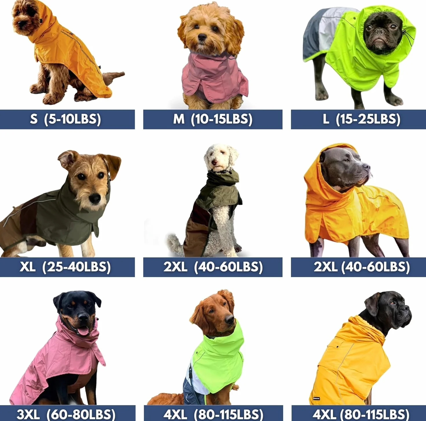 Spark Paws Manteau de pluie imperméable et coupe-vent pour chiens de petite, moyenne, grande et très grande taille, réfléchissant et respirant, couverture intégrale du corps – Blanc fluo, bleu marine,