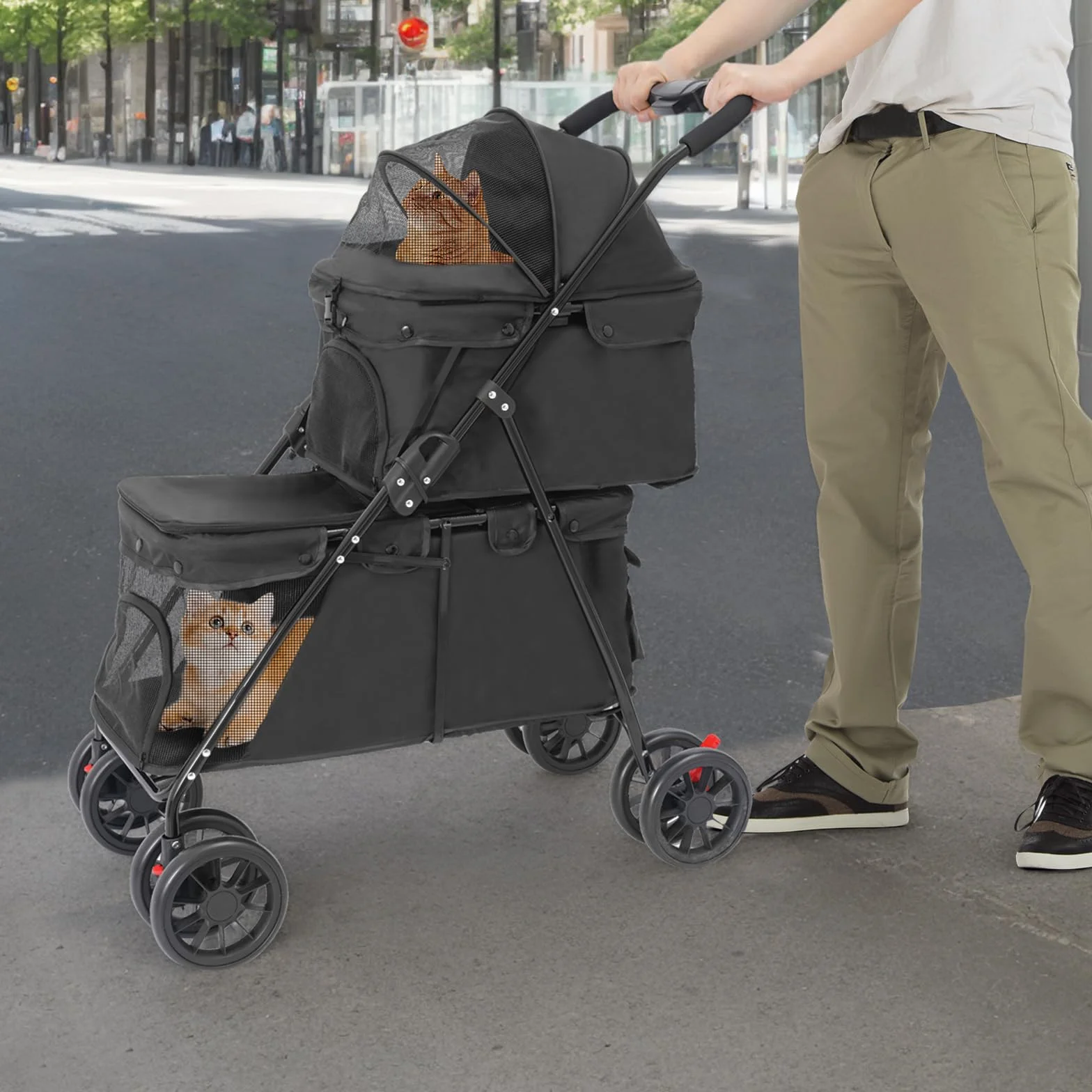 Poussette pliable à 2 couches pour chiens et chats - Avec fenêtre en filet, frein et sac de rangement - Cadre solide en acier au carbone - Charge maximale : 40 kg - 95 x 60 cm - Noir