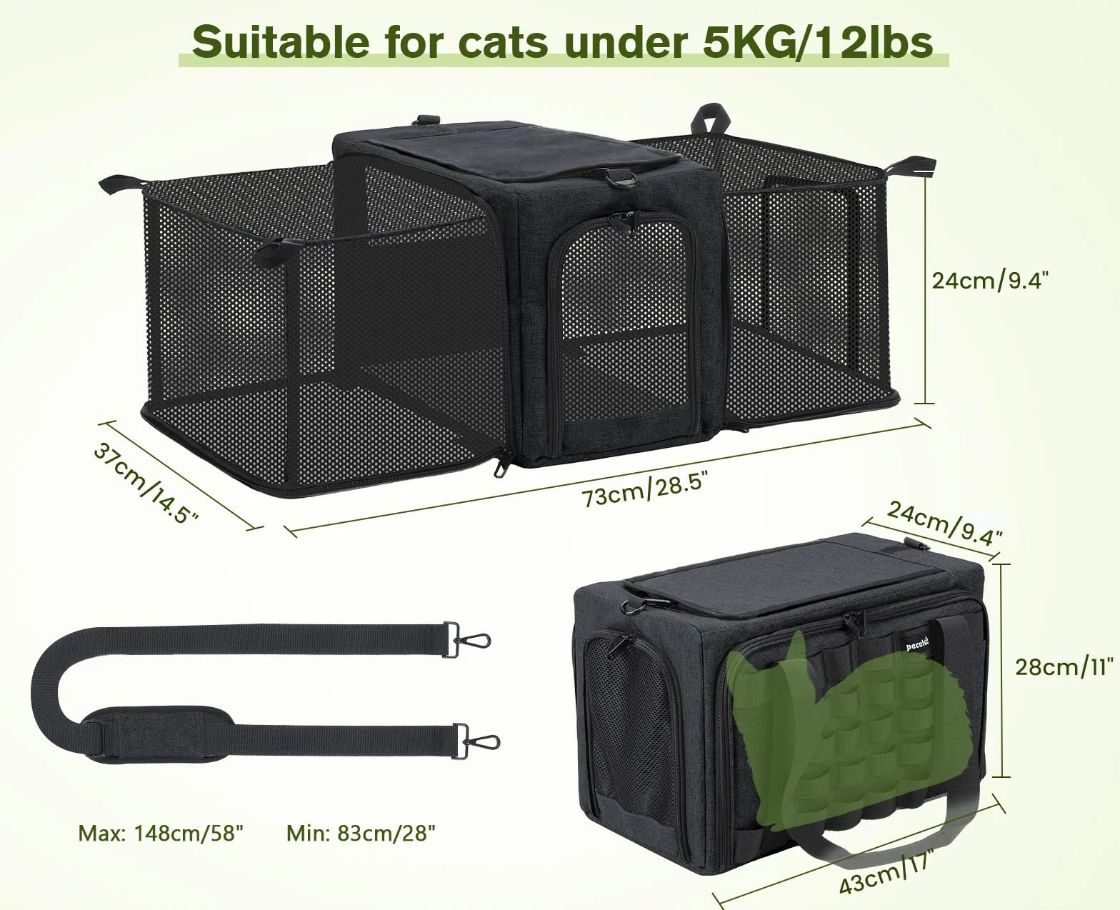 Pecute Sac de Transport Chat Extensible Pliable Voyage Avion Train Noir