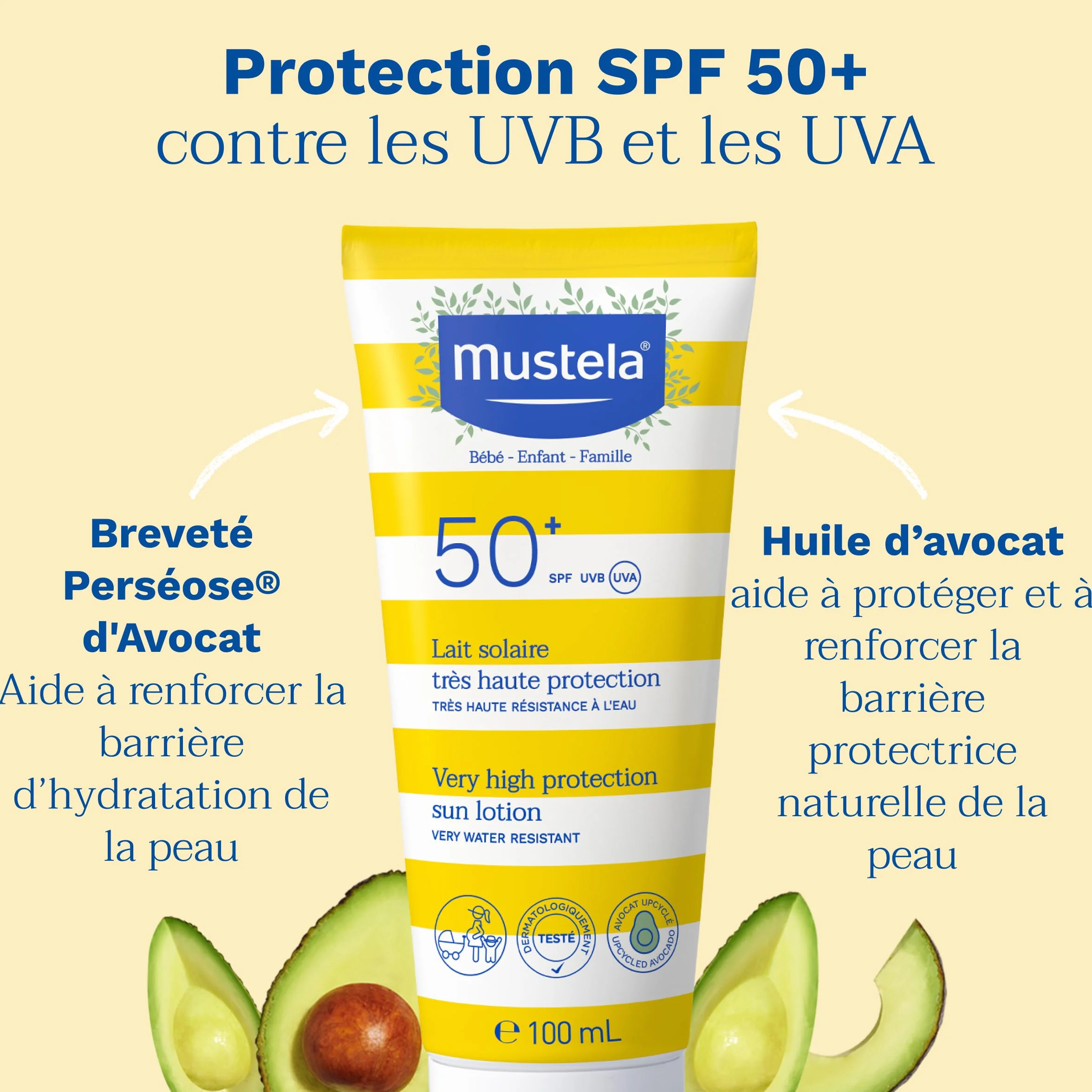 Mustela Lait Solaire SPF 50 Très Haute Protection Solaire Avocat Bio Sans Parfum Résiste à l'Eau Bébé Peaux Sensibles