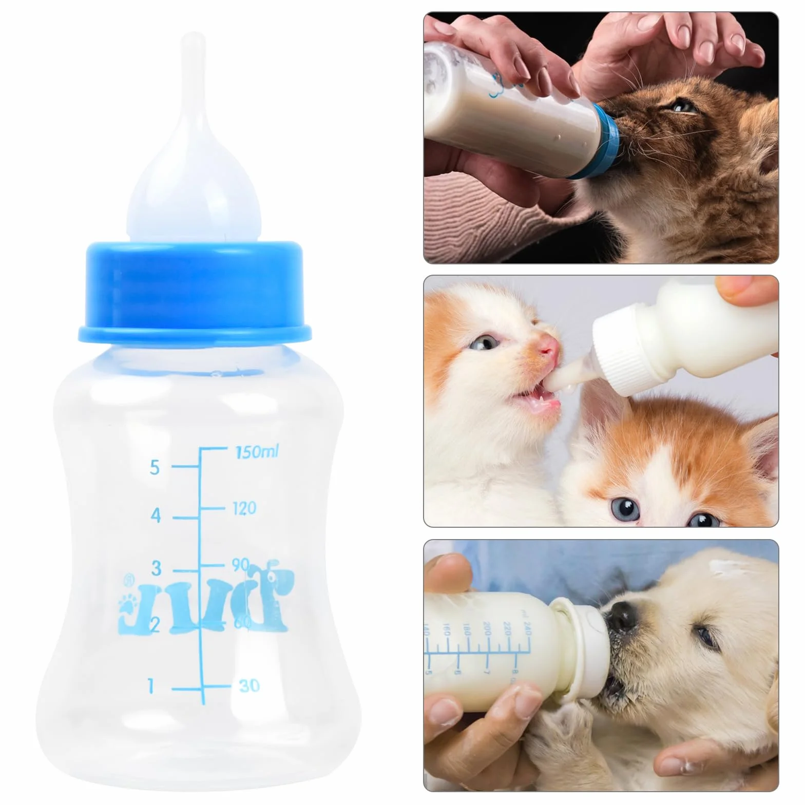 Bouteille de Lait Animaux de Compagnie 60ml 150ml Silicone Biberon pour Chien Chat avec Tétines et Brosse (Rose)